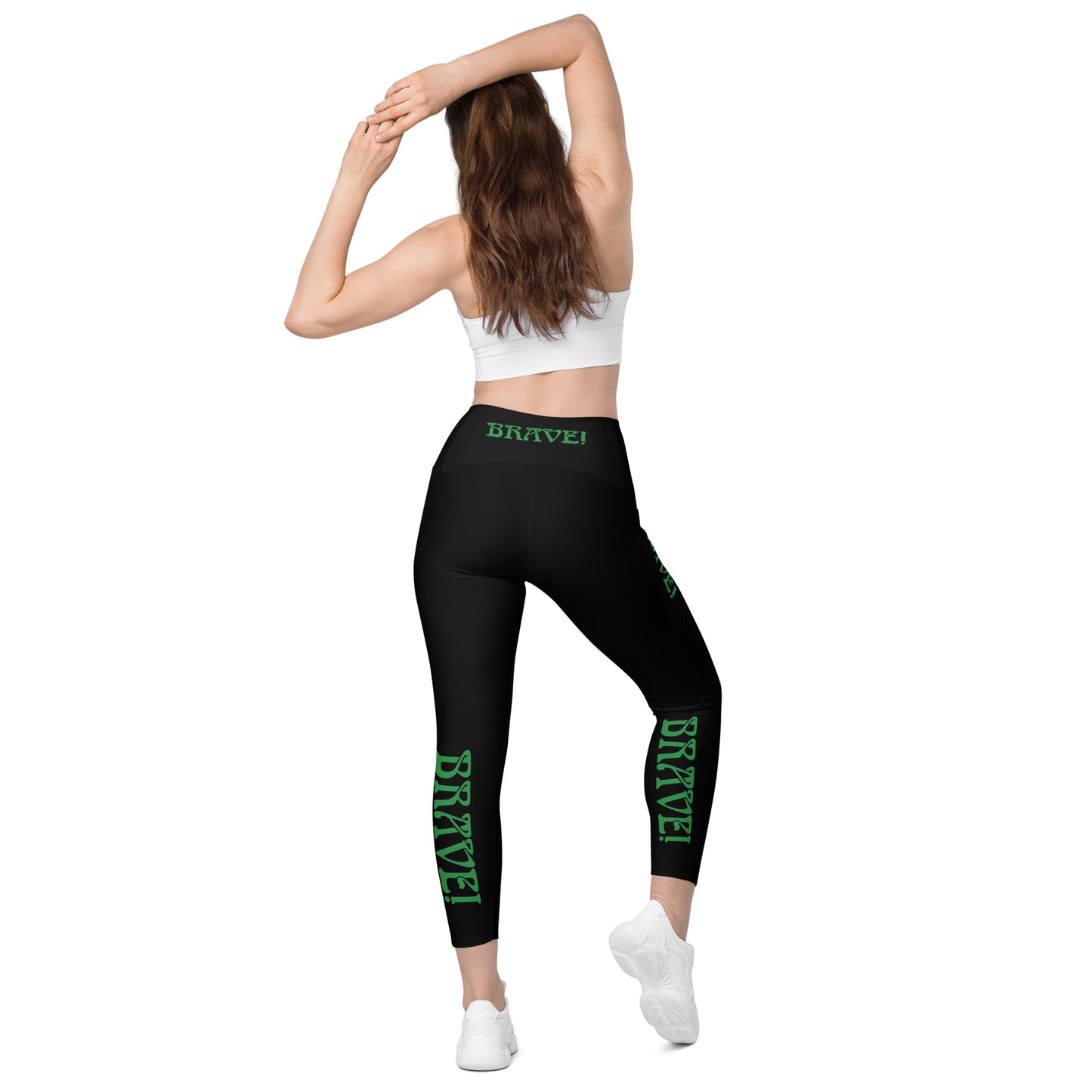 “BRAVE!” Black Leggings W/Pockets & Green Font