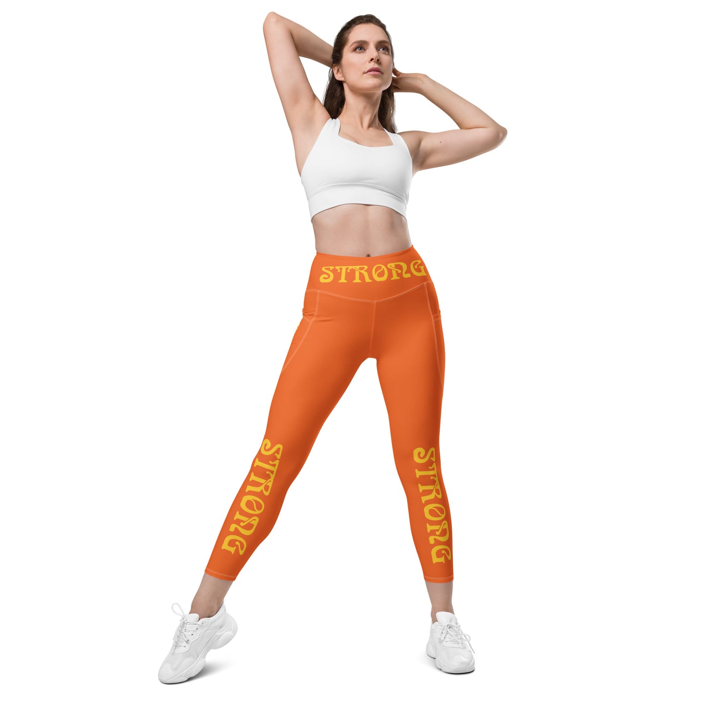 “STRONG” Orange Leggings W/Pockets & Yellow Font