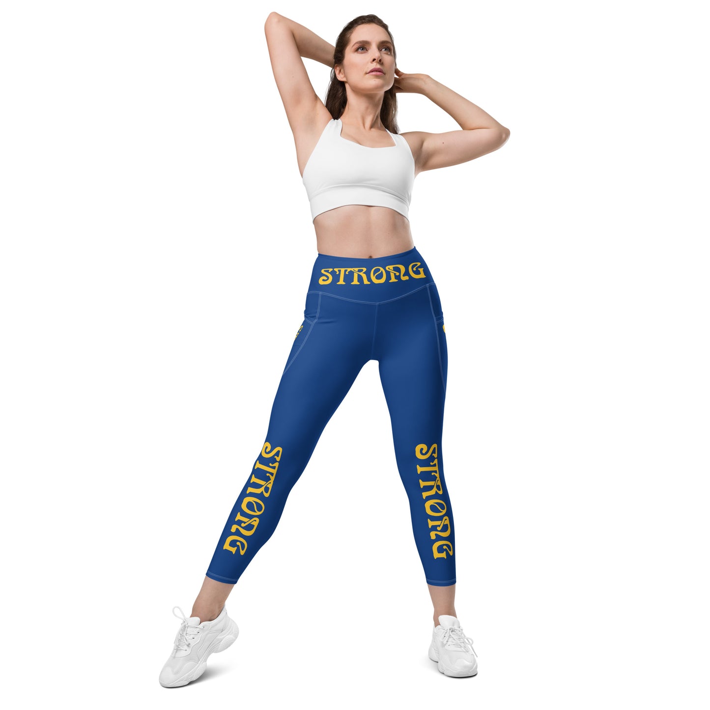 “STRONG” Blue Leggings W/Pockets & Yellow Font