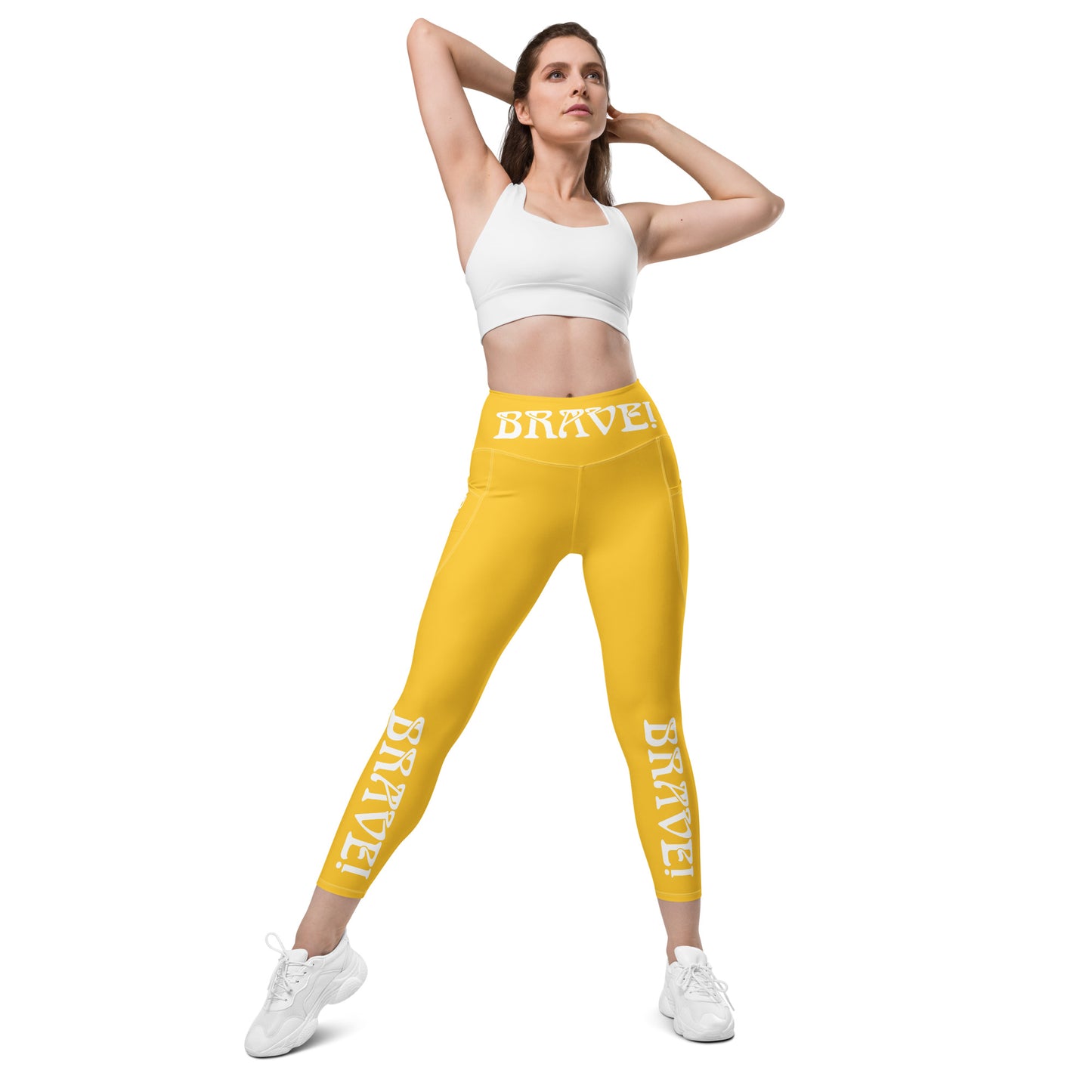 “BRAVE!” Yellow Leggings W/Pockets & White Font