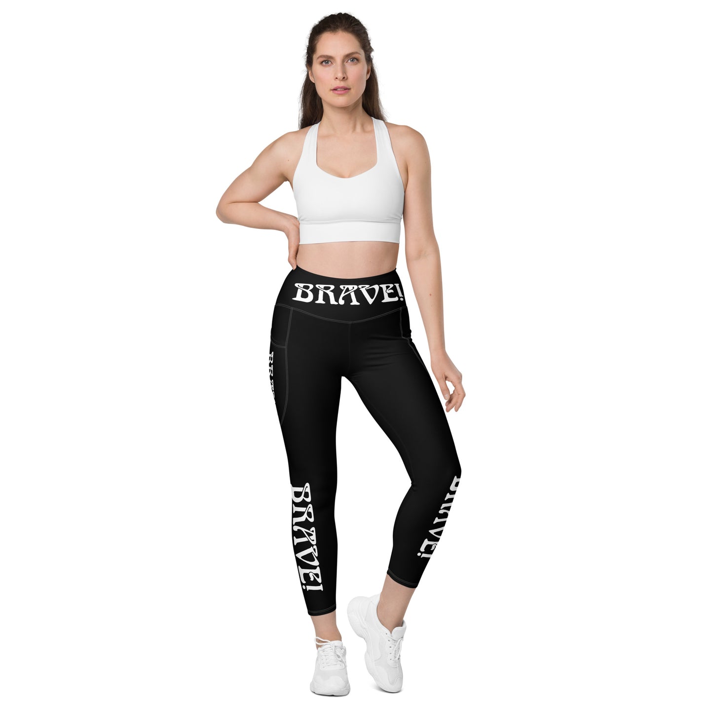 “BRAVE!” Black Leggings W/Pockets & White Font