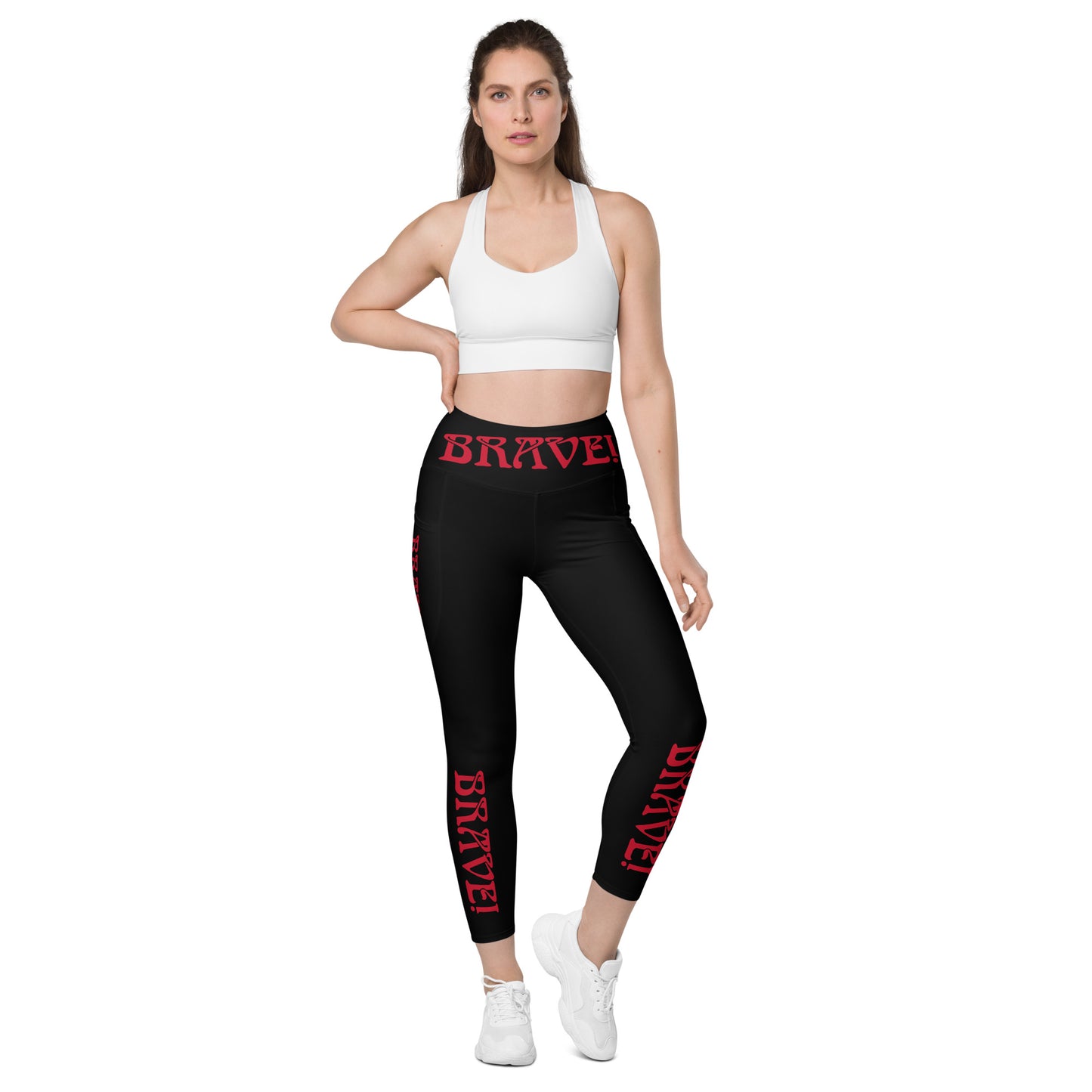 “BRAVE!” Black Leggings W/Pockets & Red Font