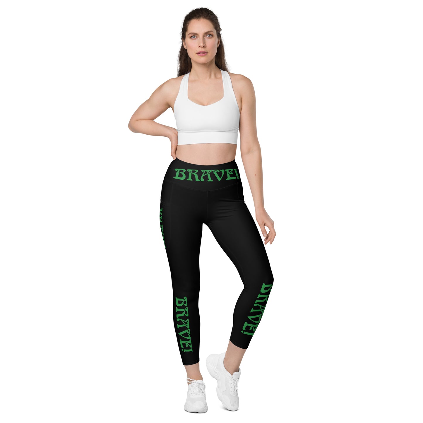 “BRAVE!” Black Leggings W/Pockets & Green Font