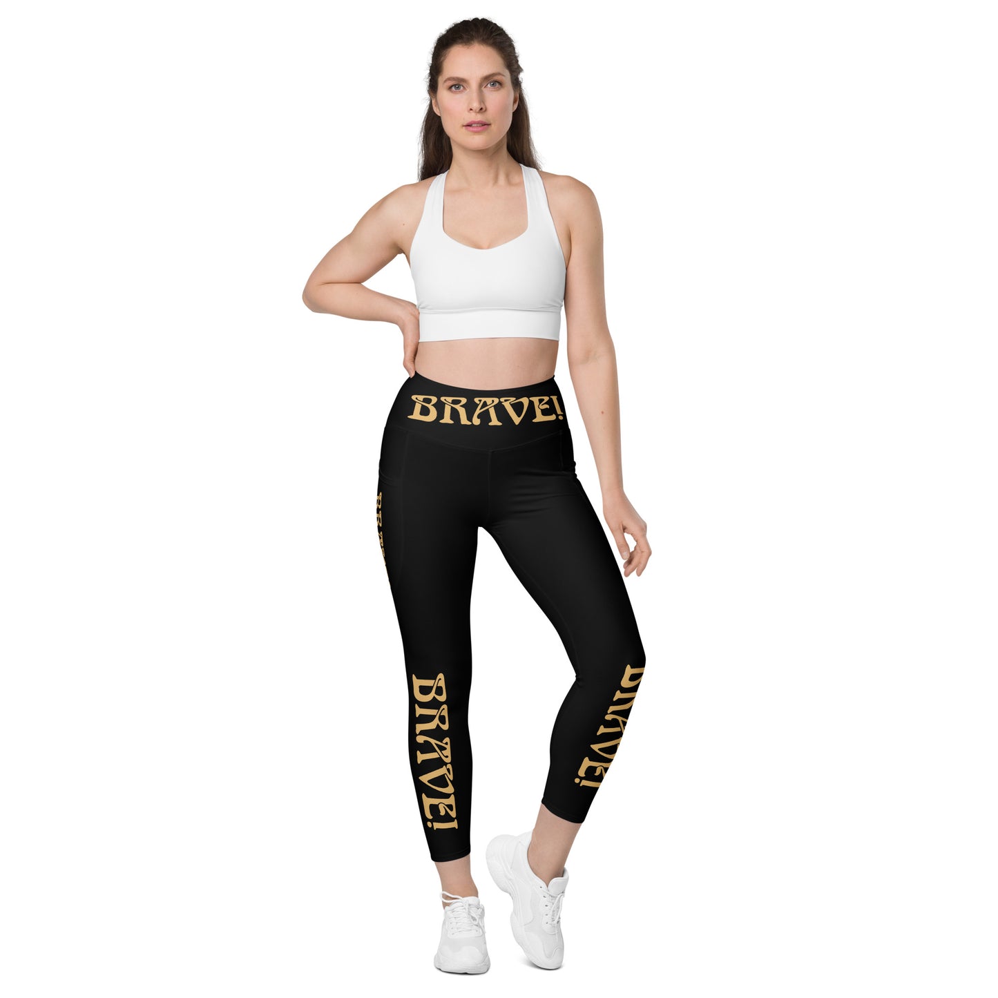 “BRAVE!” Black Leggings W/Pockets & Fawn Font
