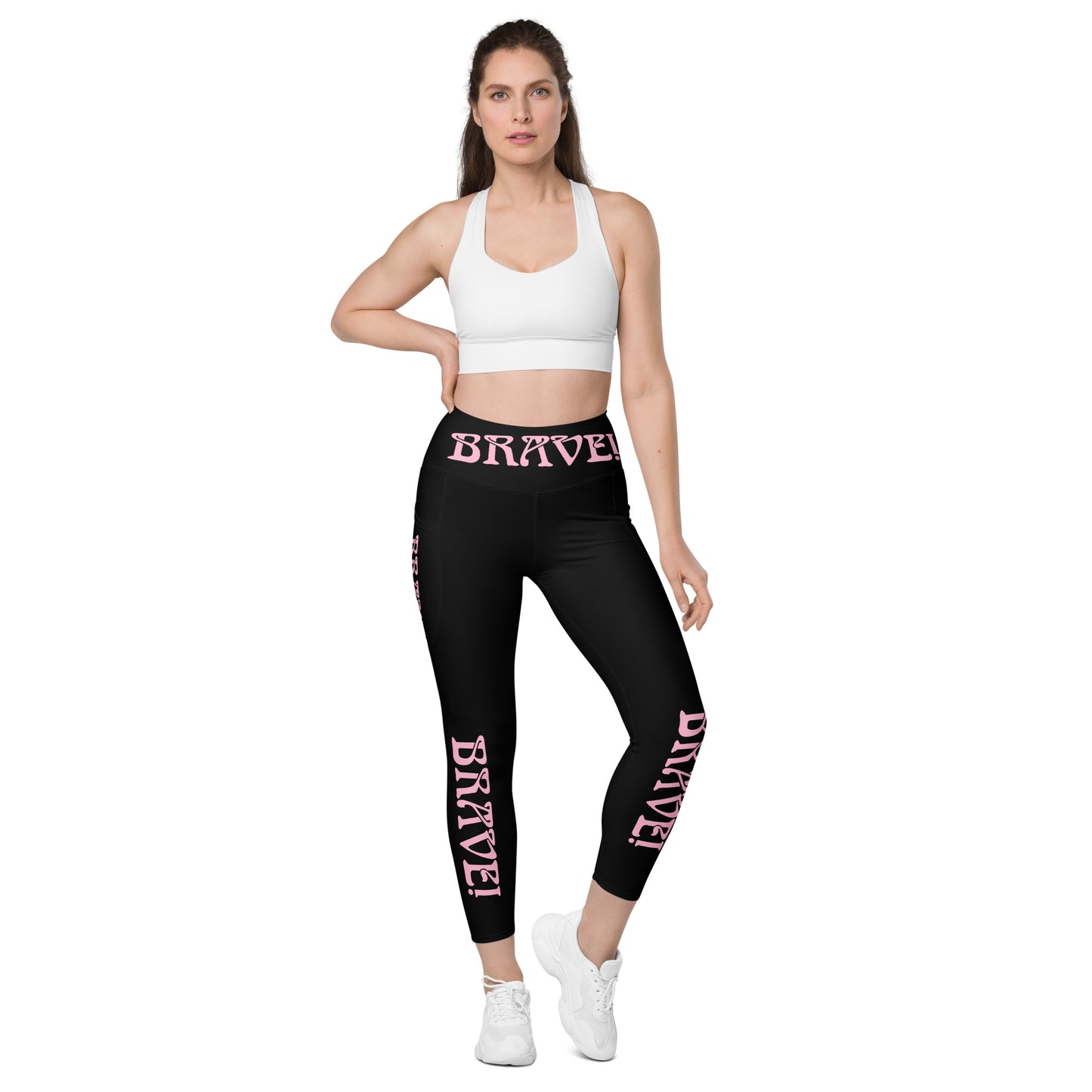 “BRAVE!” Black Leggings W/Pockets & Cotton Candy Font