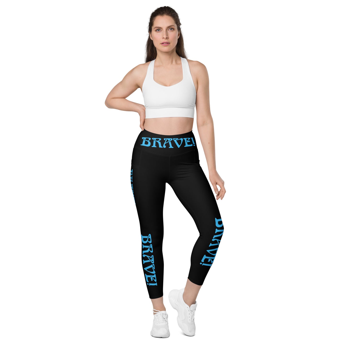 “BRAVE!” Black Leggings W/Pockets & SkyBlue Font