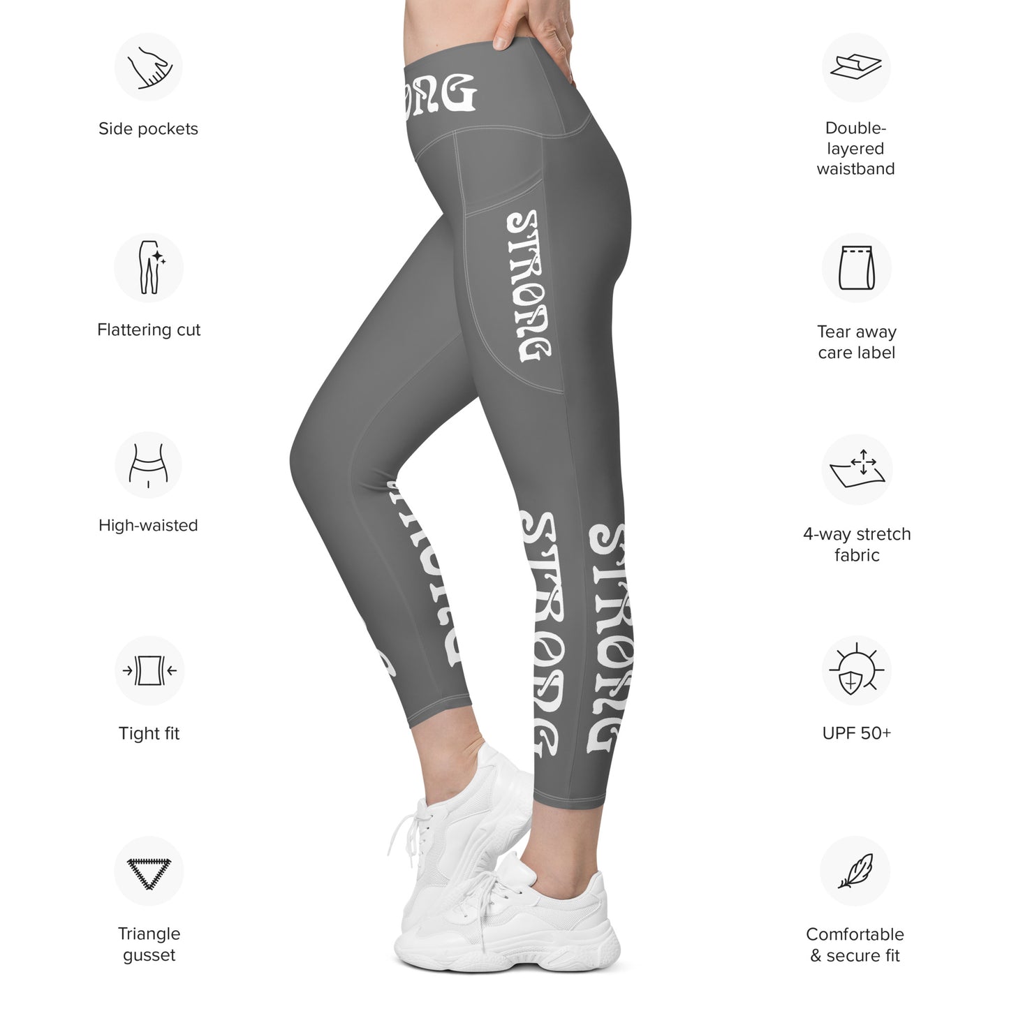 “STRONG” Grey Leggings W/ Pockets & White Font