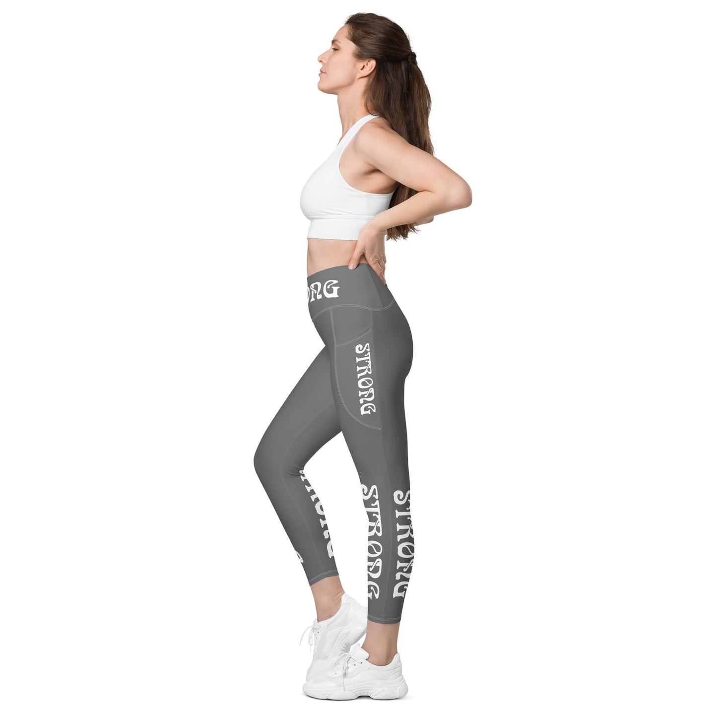 “STRONG” Grey Leggings W/ Pockets & White Font