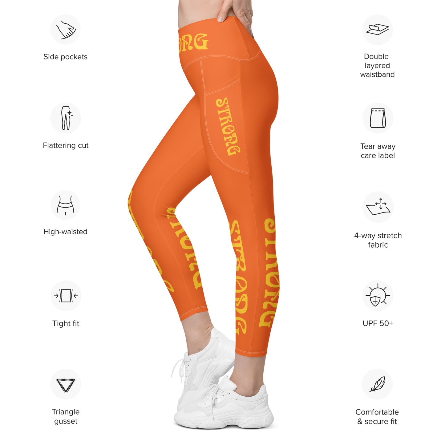 “STRONG” Orange Leggings W/Pockets & Yellow Font