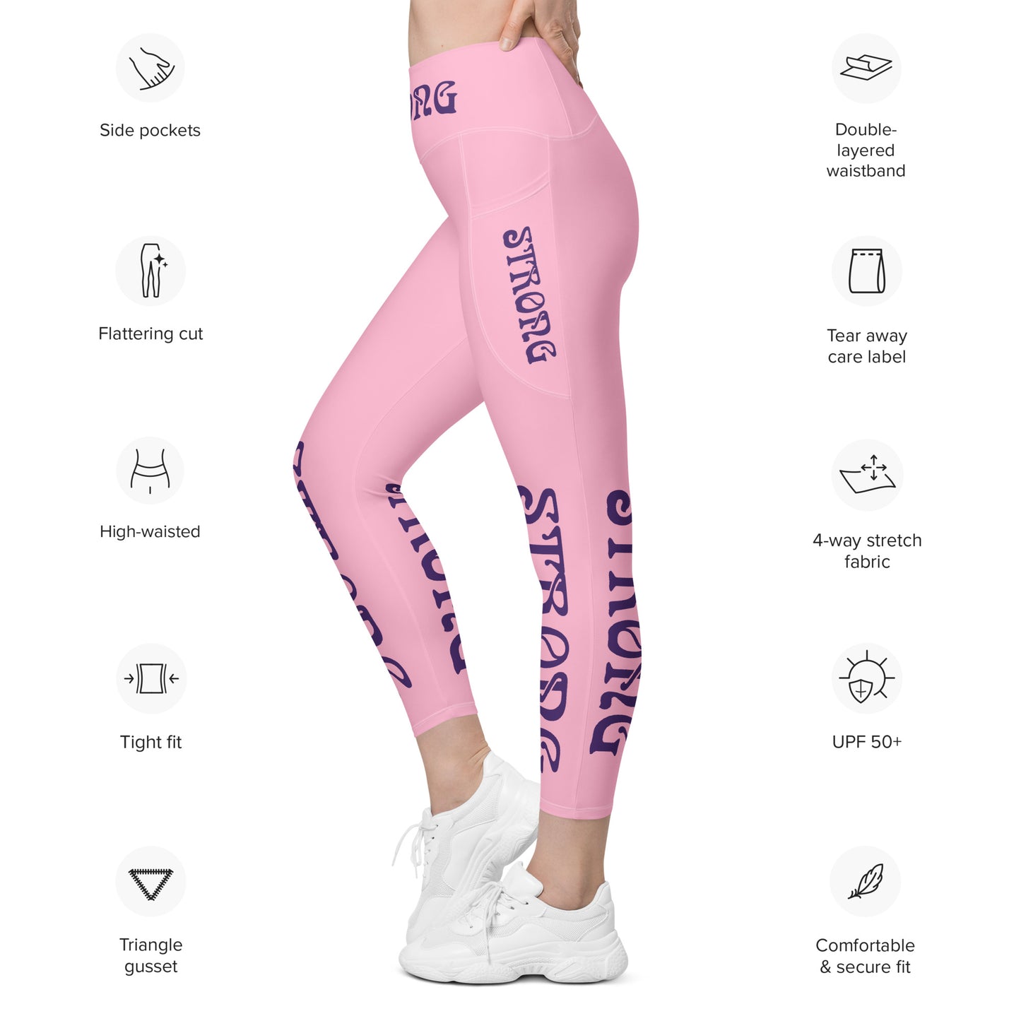 “STRONG”Cotton Candy Leggings W/Pockets & Purple Font