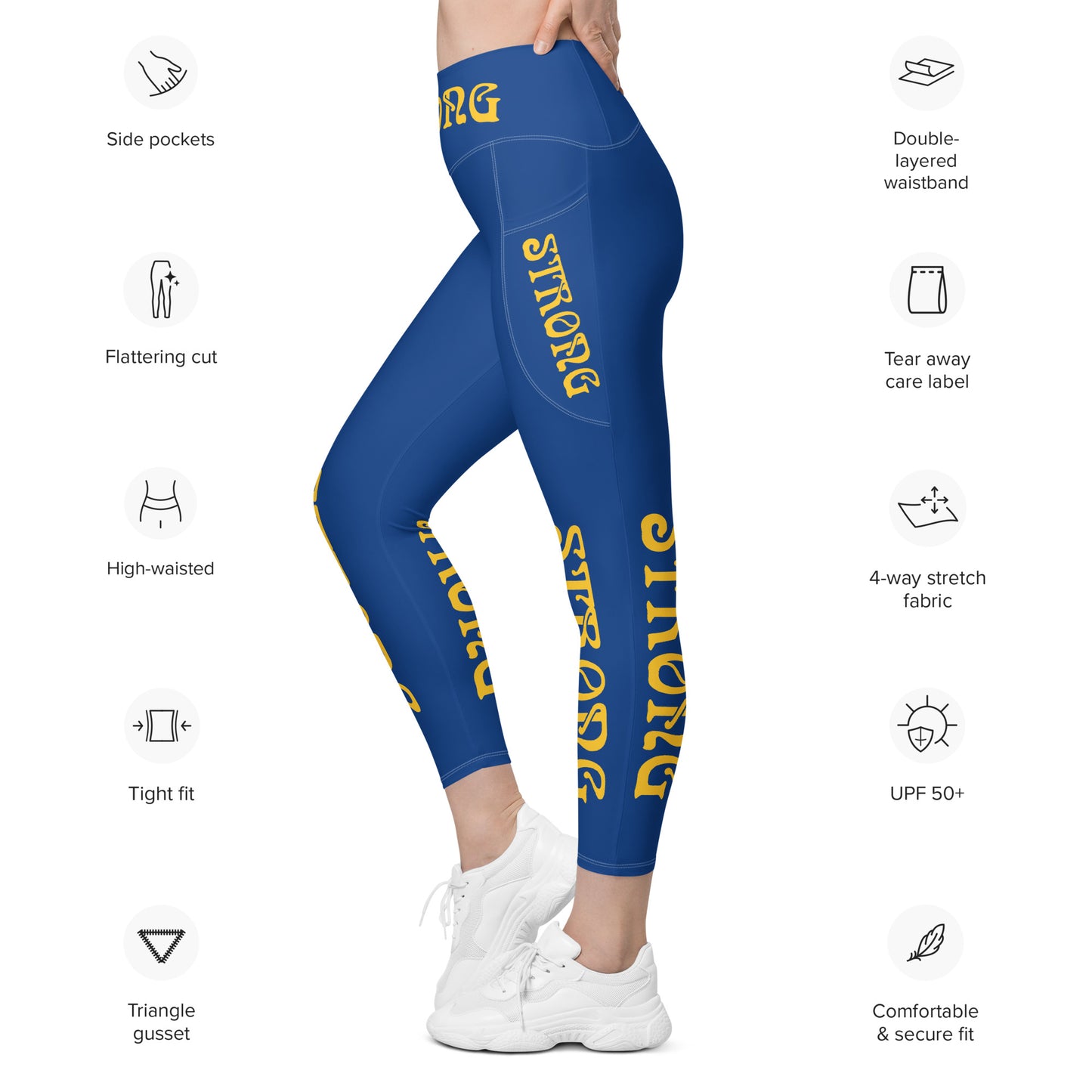 “STRONG” Blue Leggings W/Pockets & Yellow Font