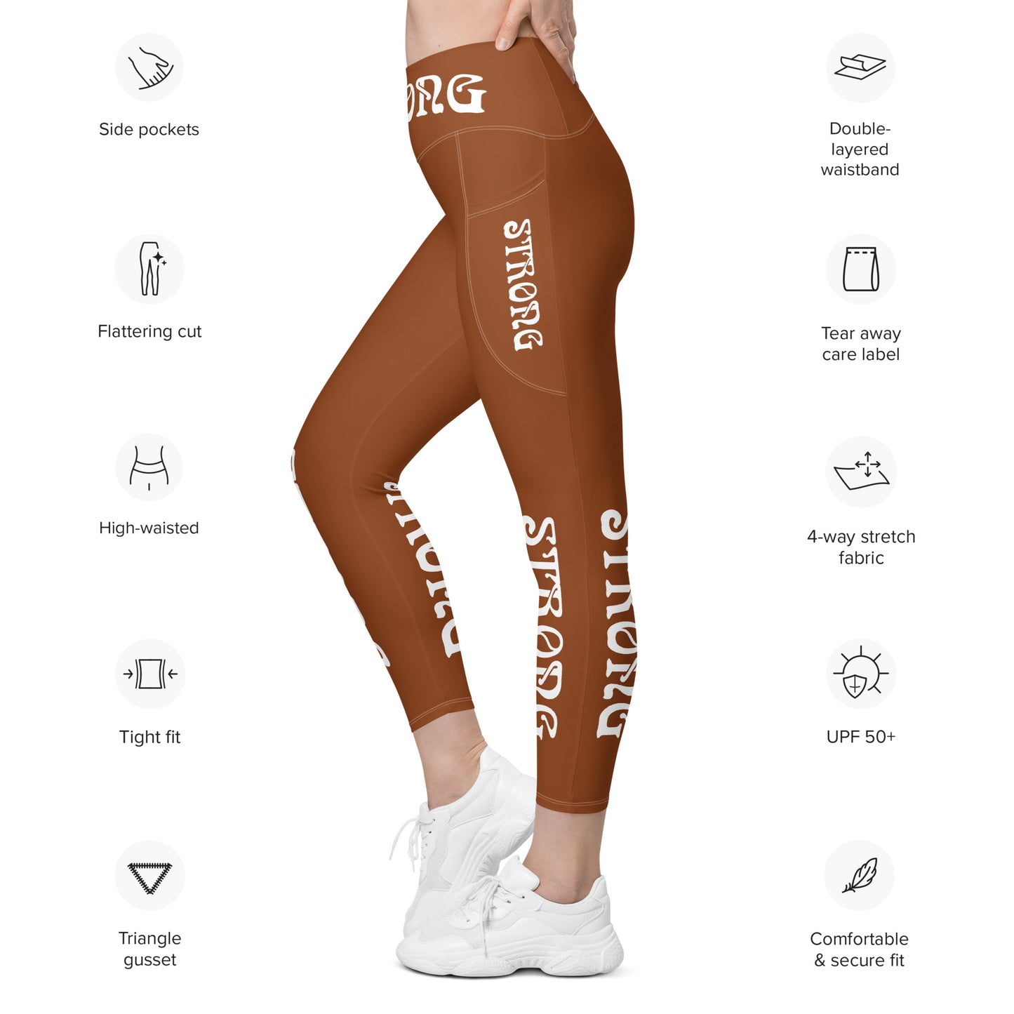 “STRONG” Brown Leggings W/Pockets & White Font