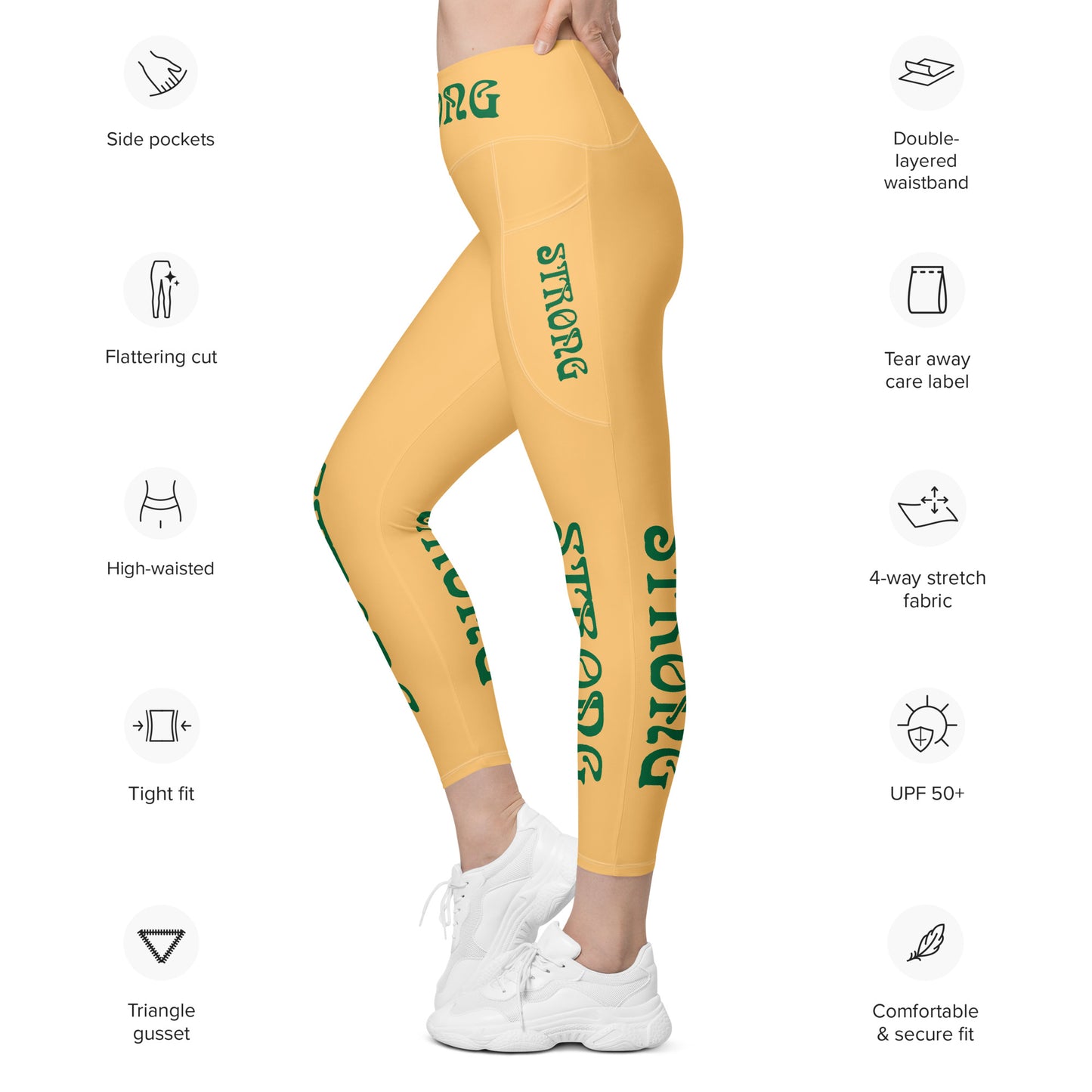 “STRONG”Chardonnay Leggings W/Pockets & Green Font