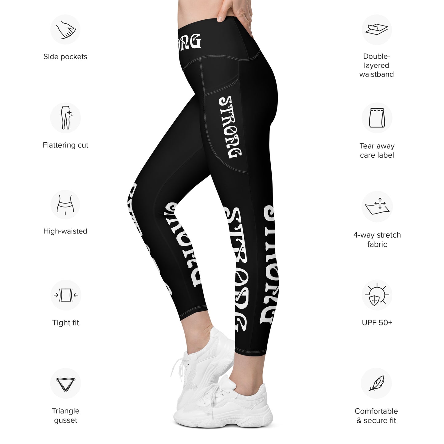 “STRONG” Black Leggings W/Pockets & White Font