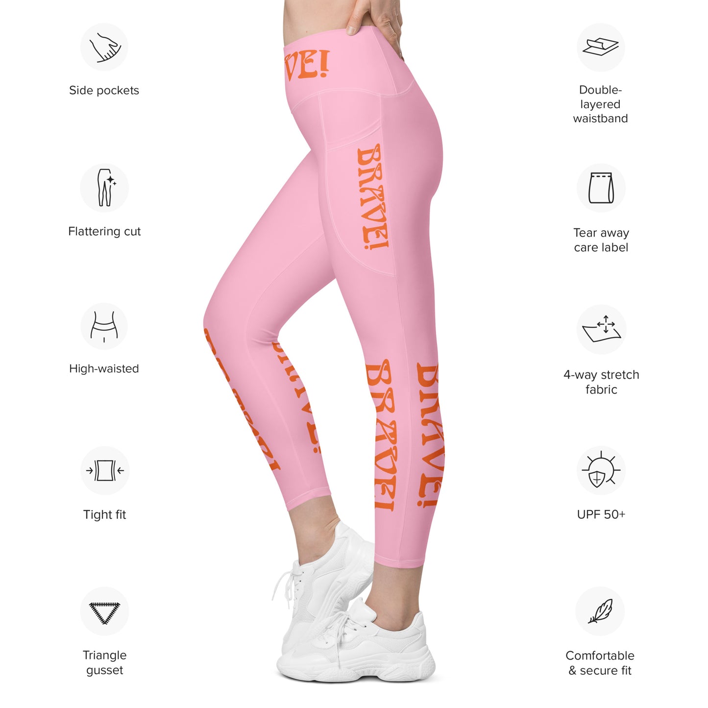 “BRAVE!” Cotton Candy Leggings W/Pockets & Orange Font