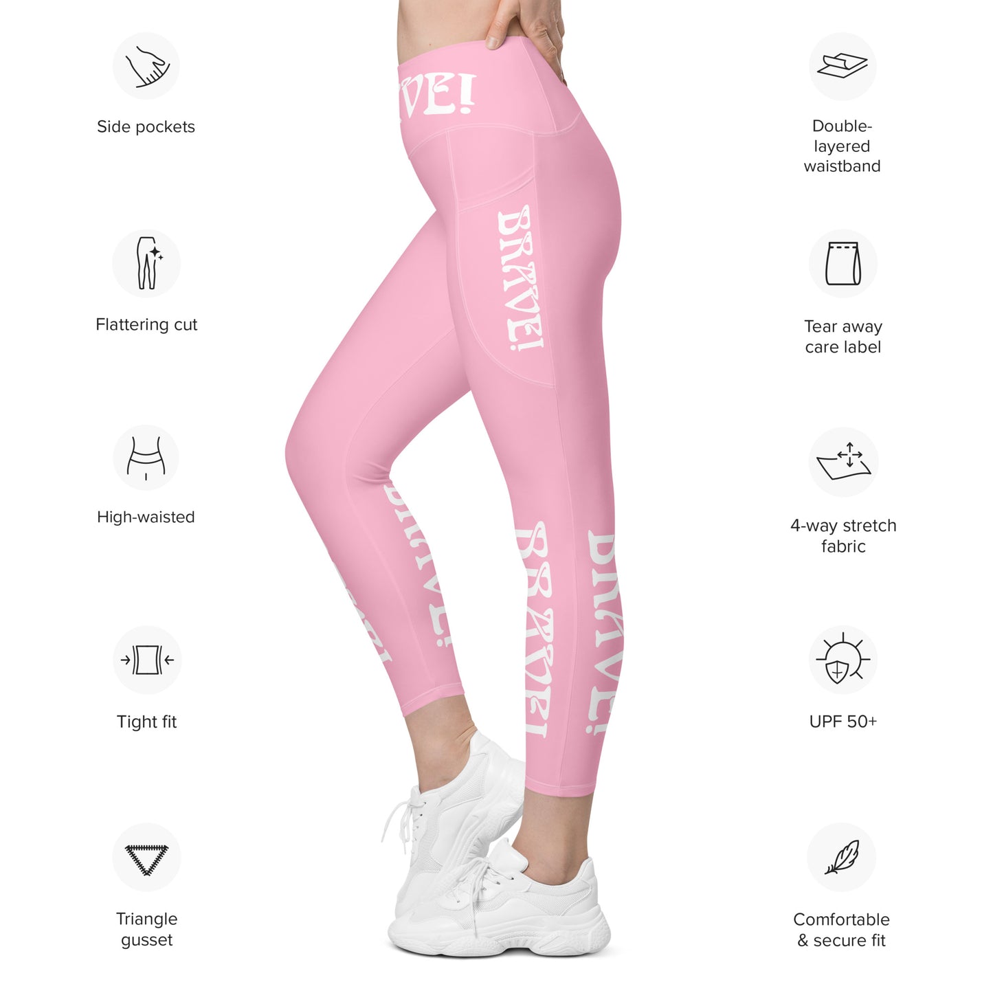 “ BRAVE!” Cotton Candy Leggings W/Pockets & White Font