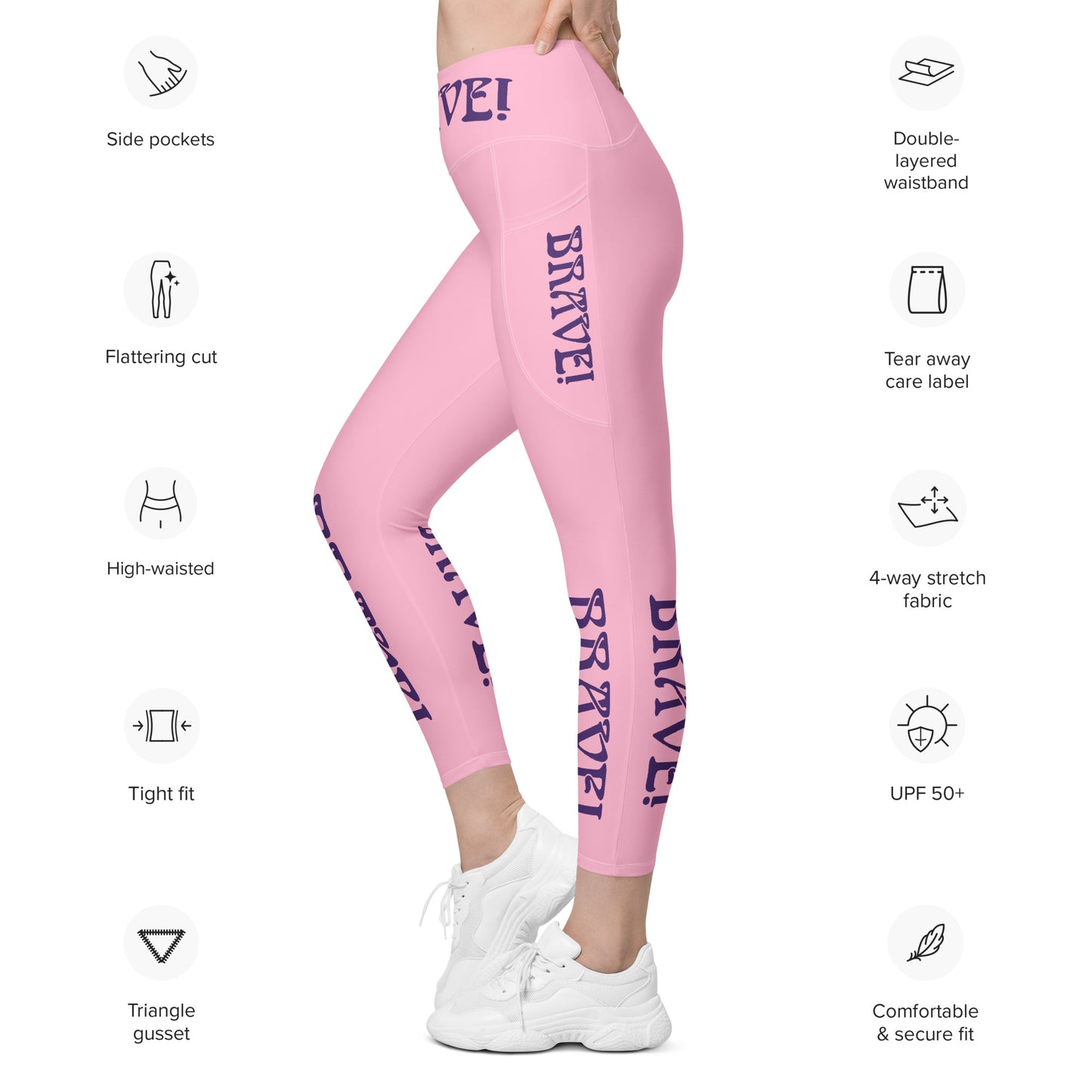 “ BRAVE!” Cotton Candy Leggings W/Pockets & Purple Font
