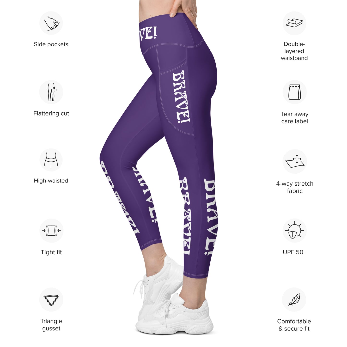 “BRAVE!” Purple Leggings W/Pockets & White Font