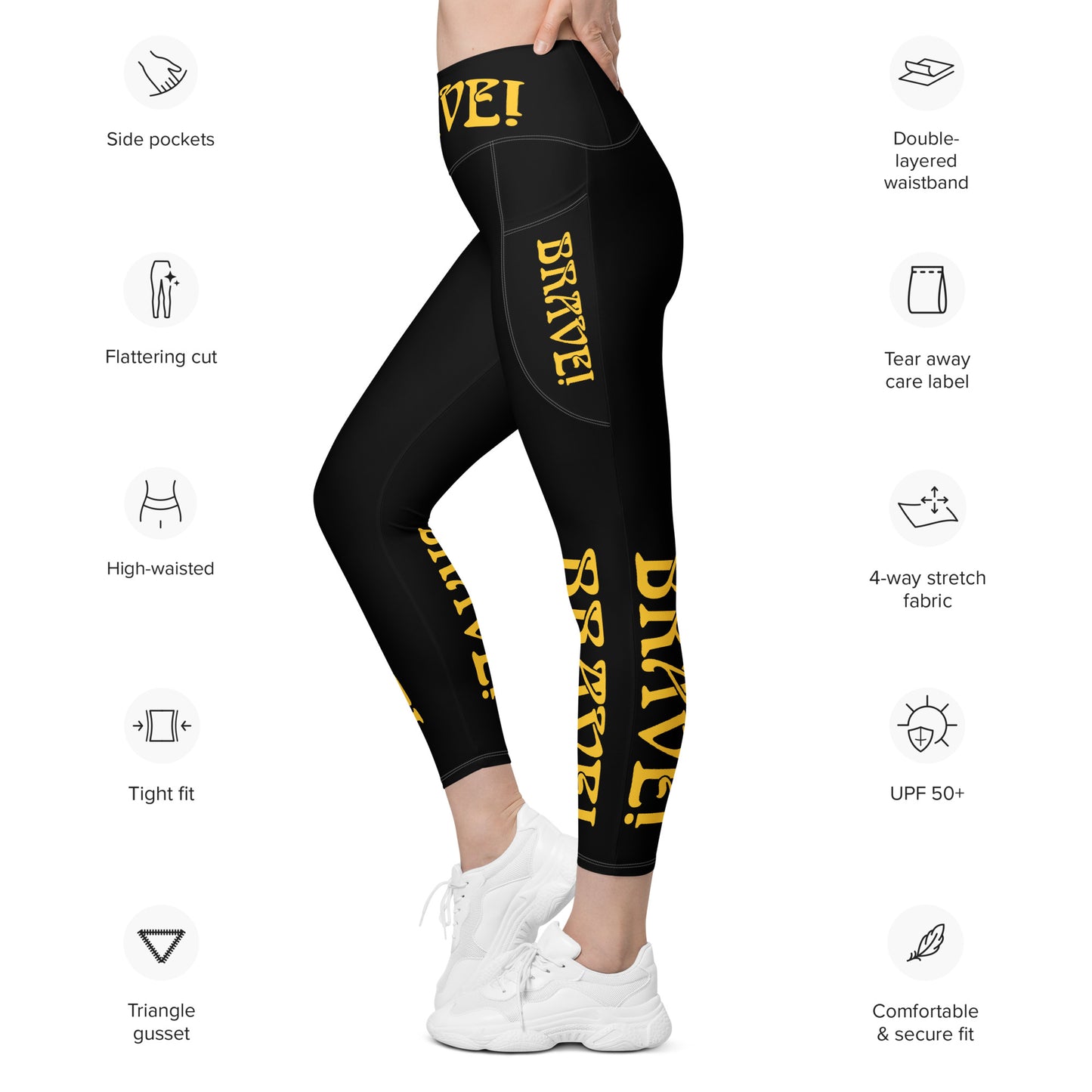 “BRAVE!” Black Leggings W/Pockets & Yellow Font