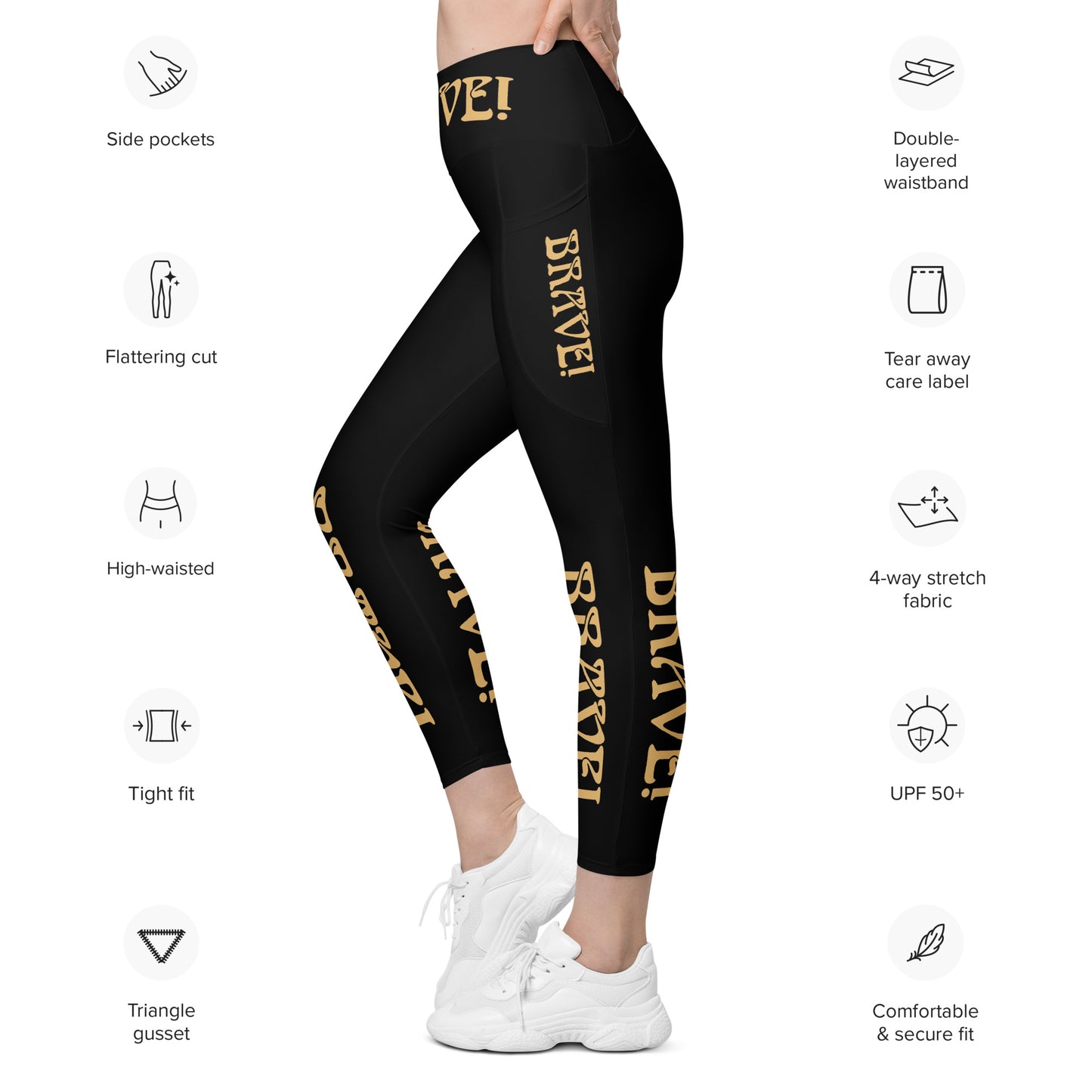 “BRAVE!” Black Leggings W/Pockets & Fawn Font