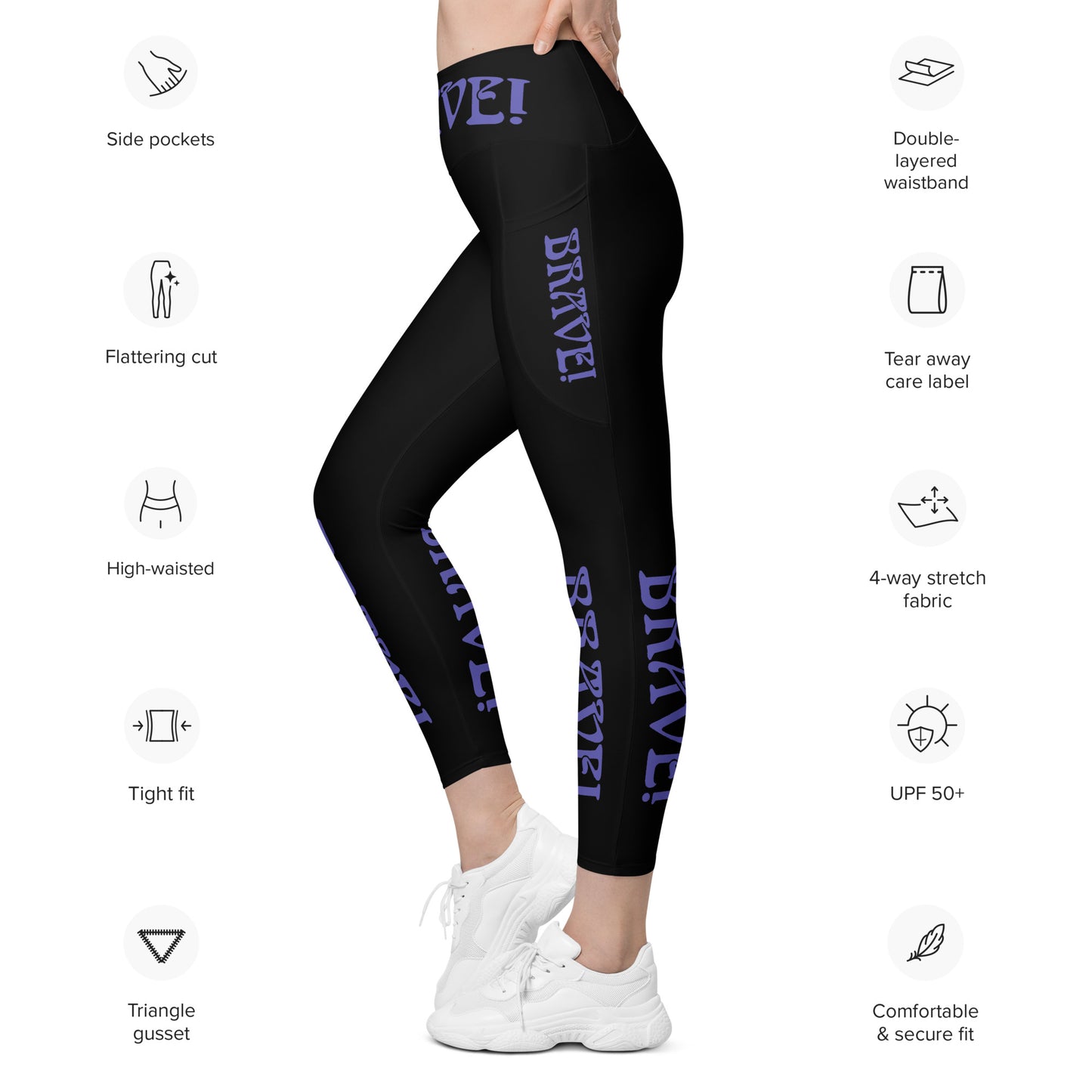 “BRAVE!” Black Leggings W/Pockets & Purple Font