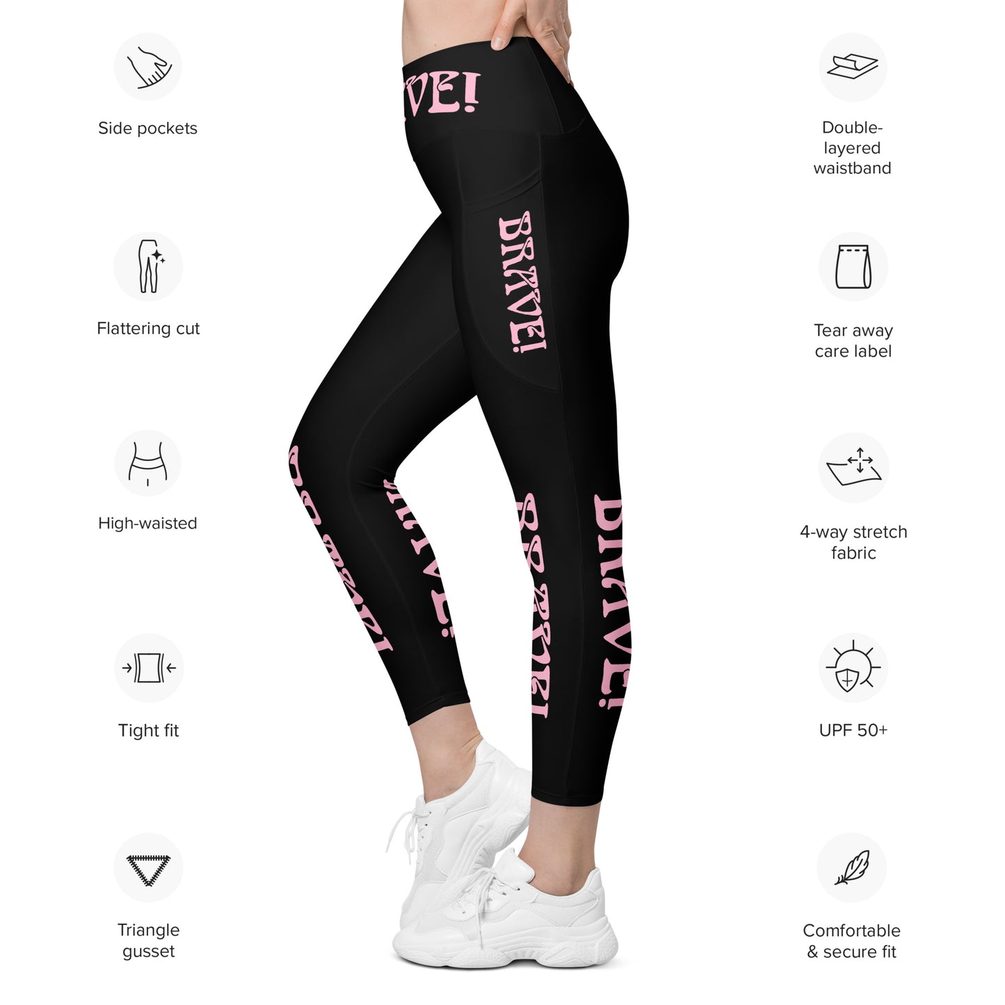 “BRAVE!” Black Leggings W/Pockets & Cotton Candy Font
