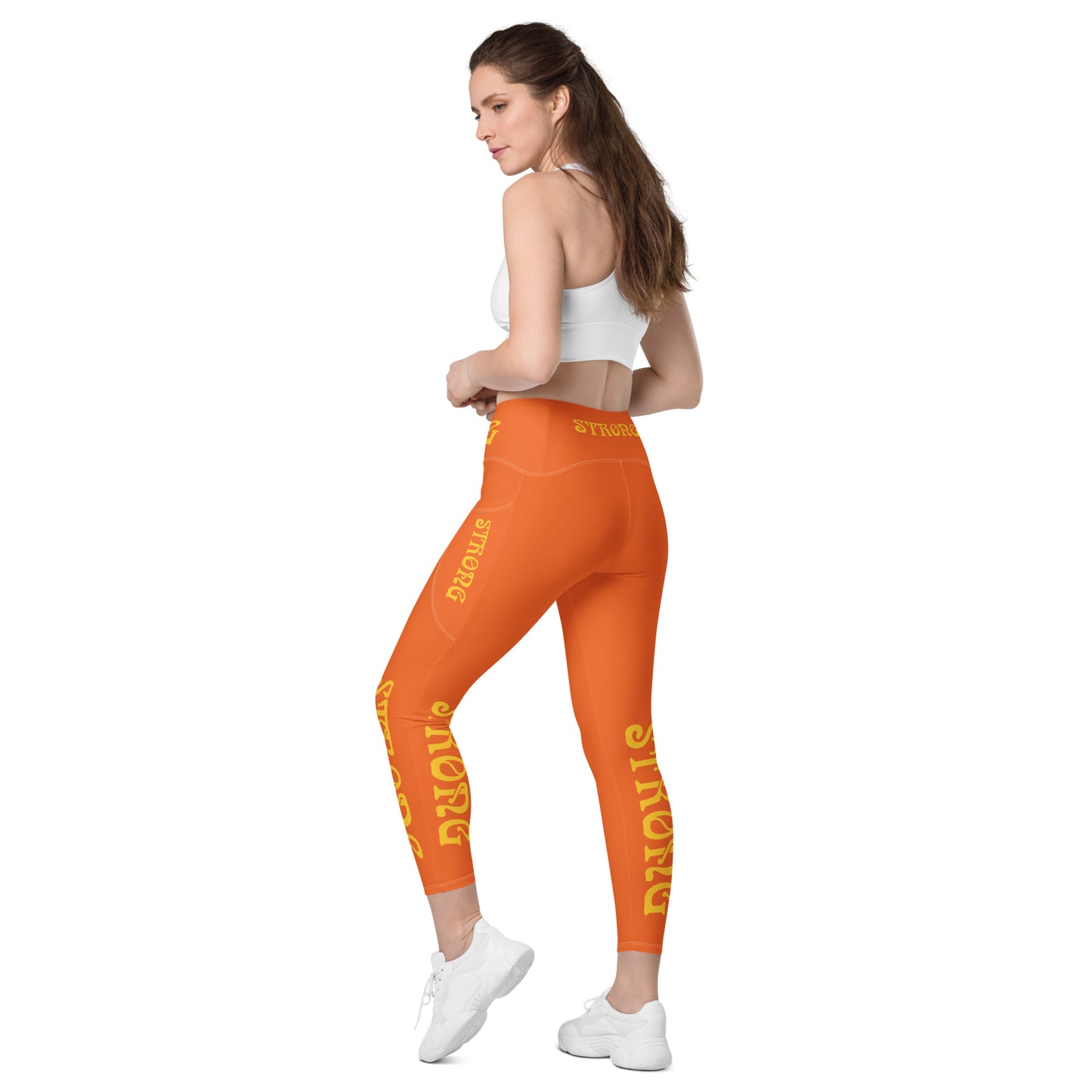 “STRONG” Orange Leggings W/Pockets & Yellow Font