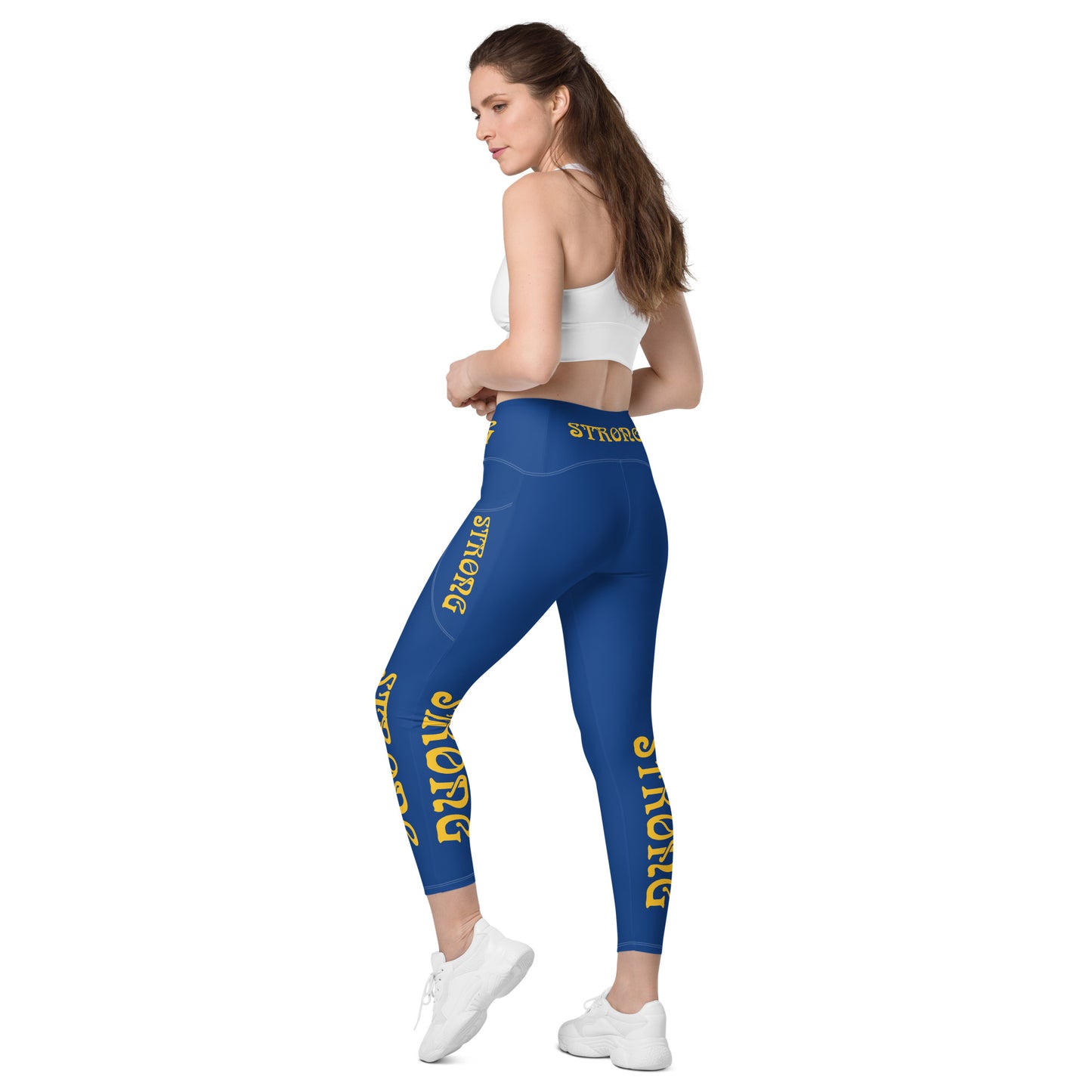 “STRONG” Blue Leggings W/Pockets & Yellow Font