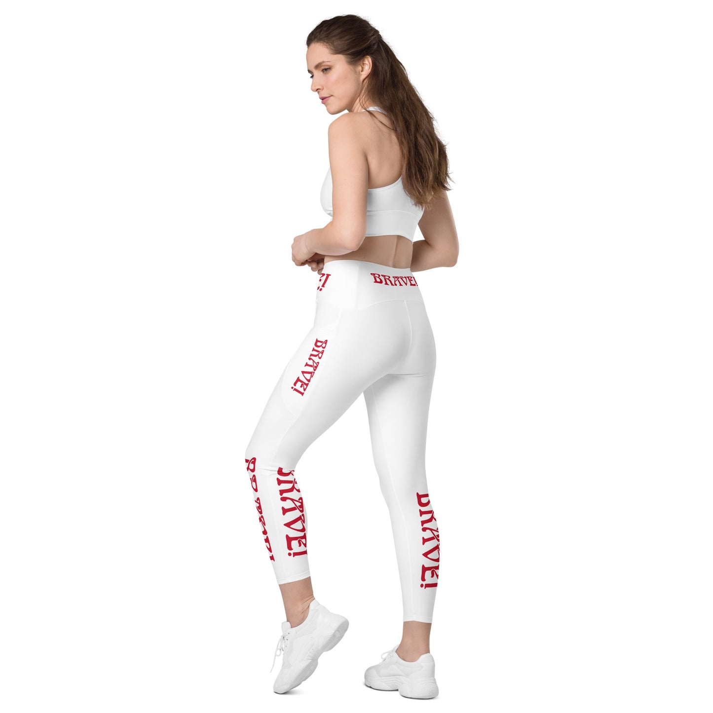 “BRAVE!” White Leggings W/Pockets & Red Font