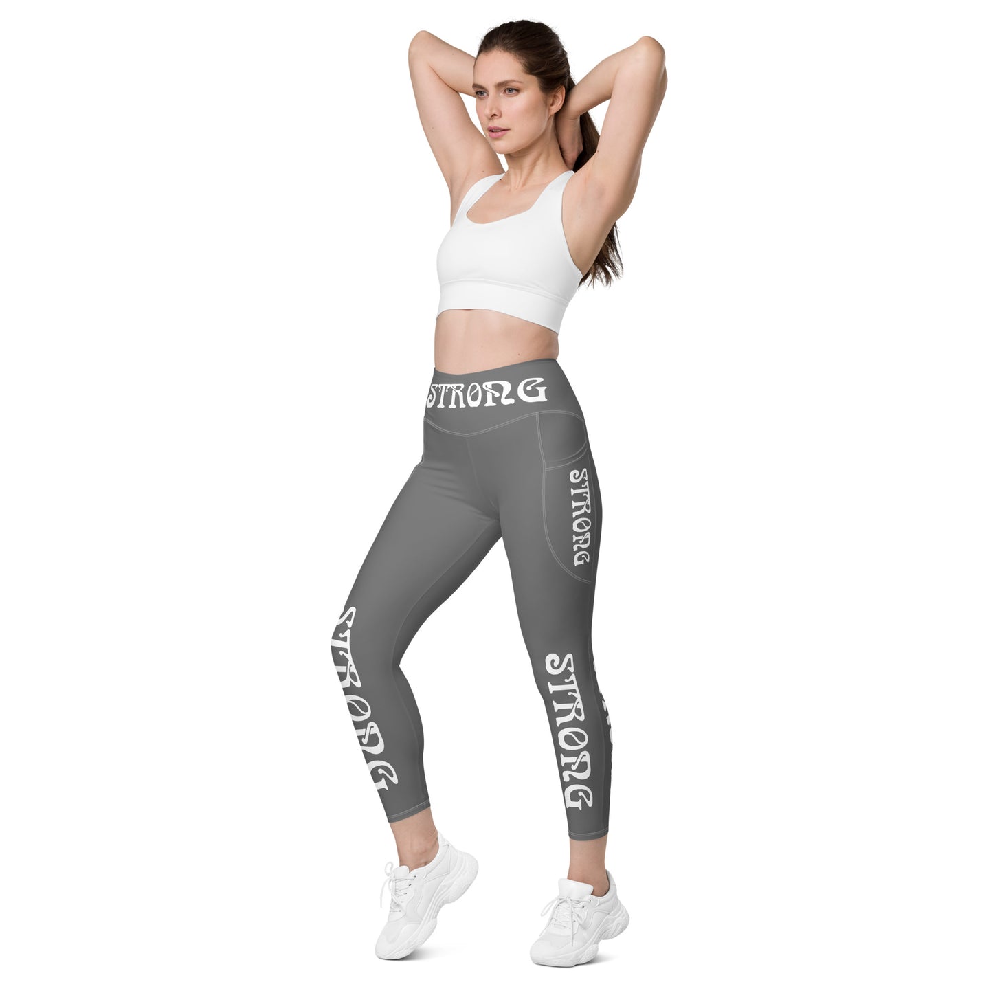 “STRONG” Grey Leggings W/ Pockets & White Font