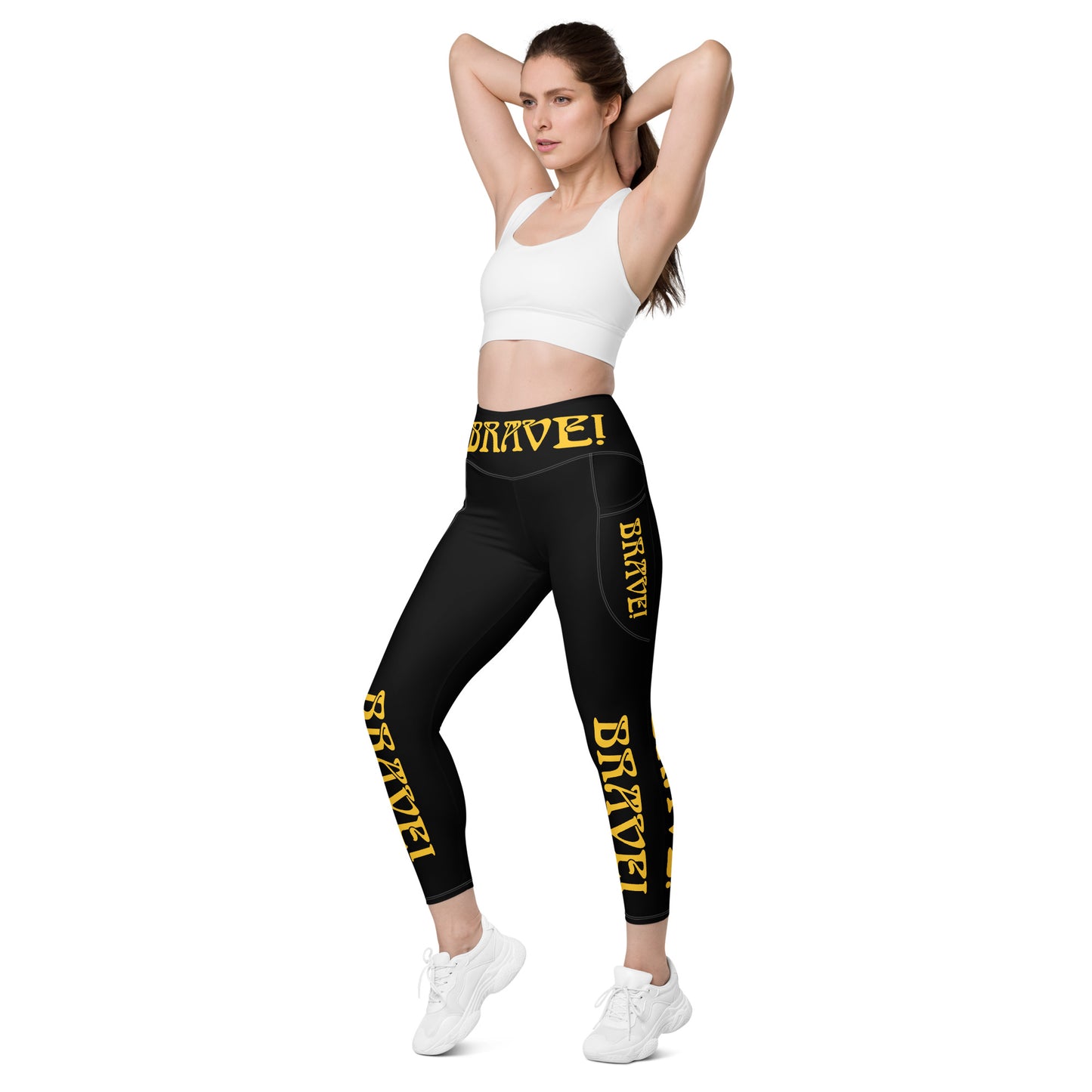 “BRAVE!” Black Leggings W/Pockets & Yellow Font