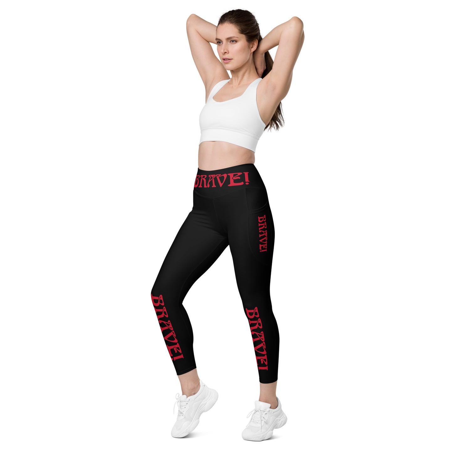 “BRAVE!” Black Leggings W/Pockets & Red Font