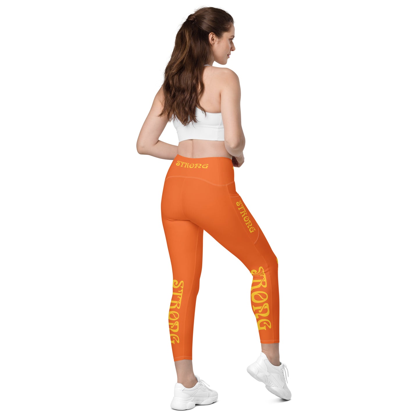 “STRONG” Orange Leggings W/Pockets & Yellow Font