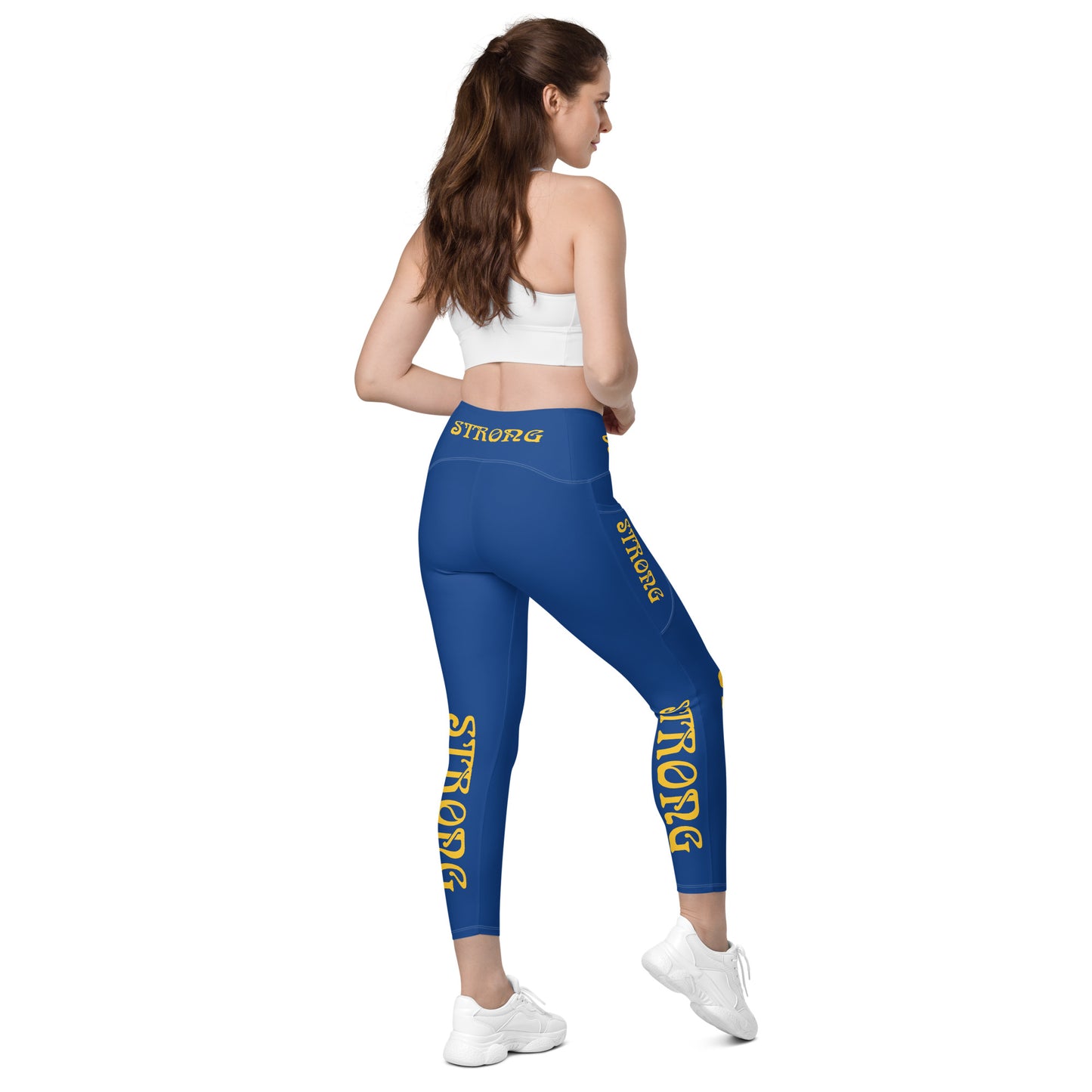 “STRONG” Blue Leggings W/Pockets & Yellow Font