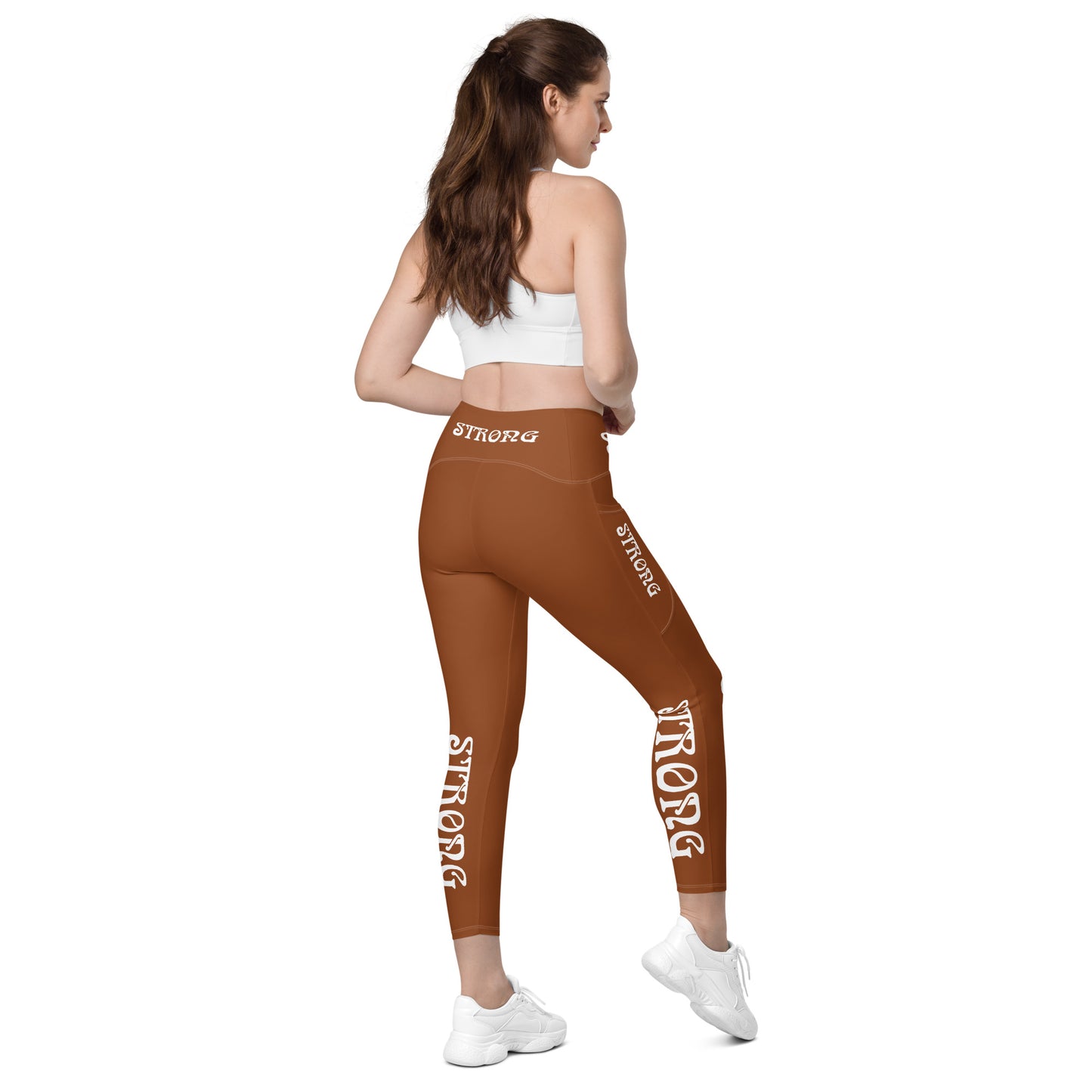 “STRONG” Brown Leggings W/Pockets & White Font