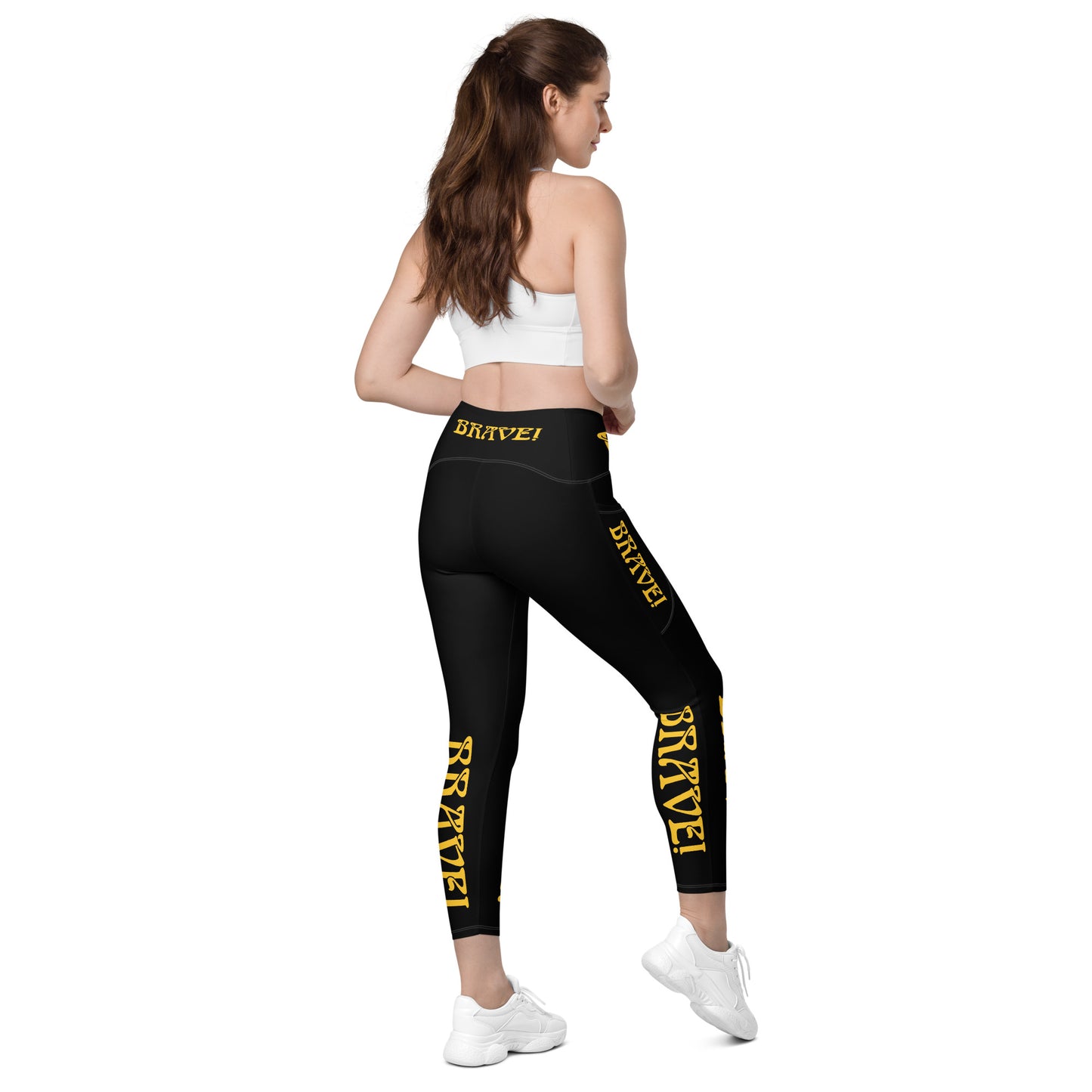 “BRAVE!” Black Leggings W/Pockets & Yellow Font