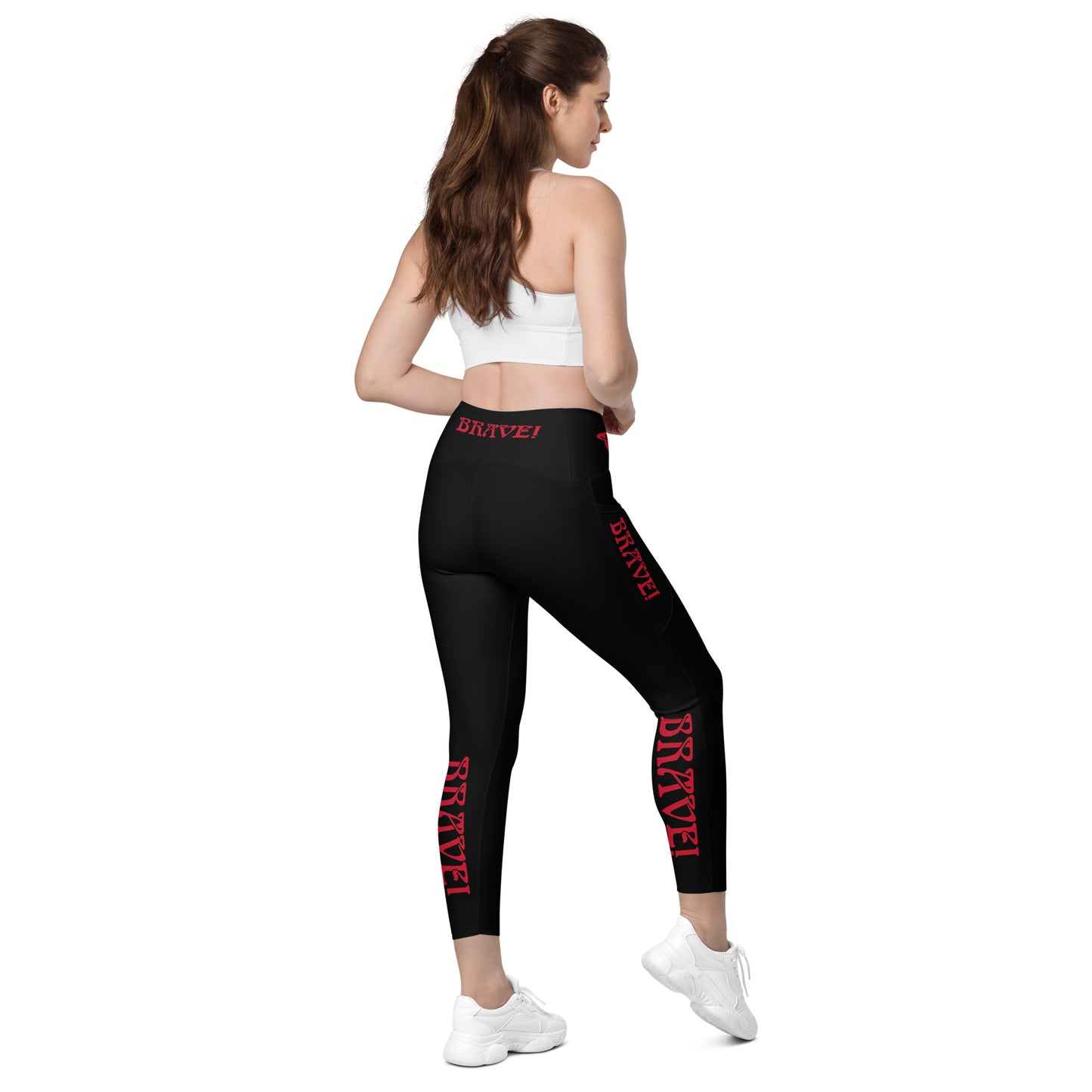 “BRAVE!” Black Leggings W/Pockets & Red Font