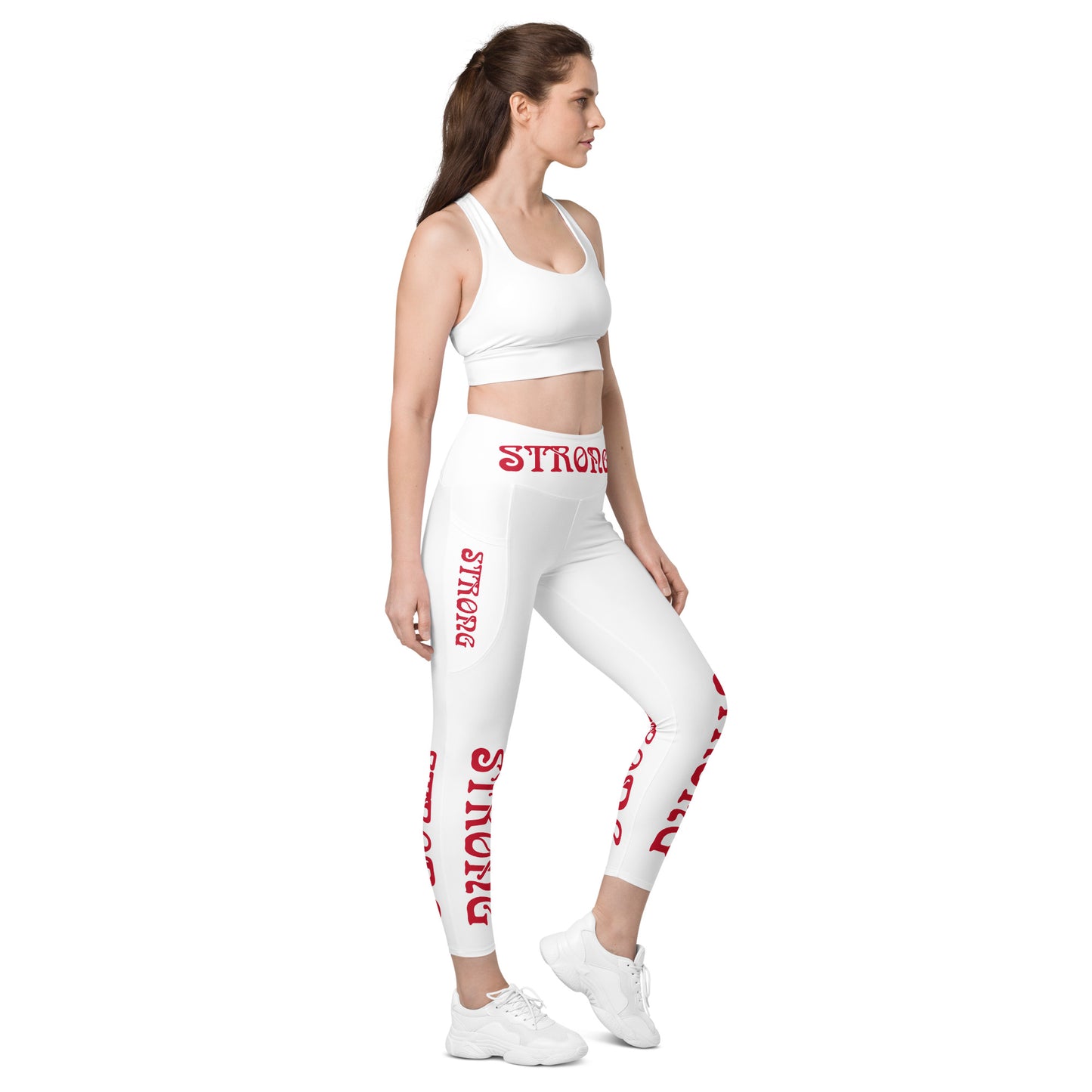 “STRONG” White Leggings W/ Pockets & Red Font