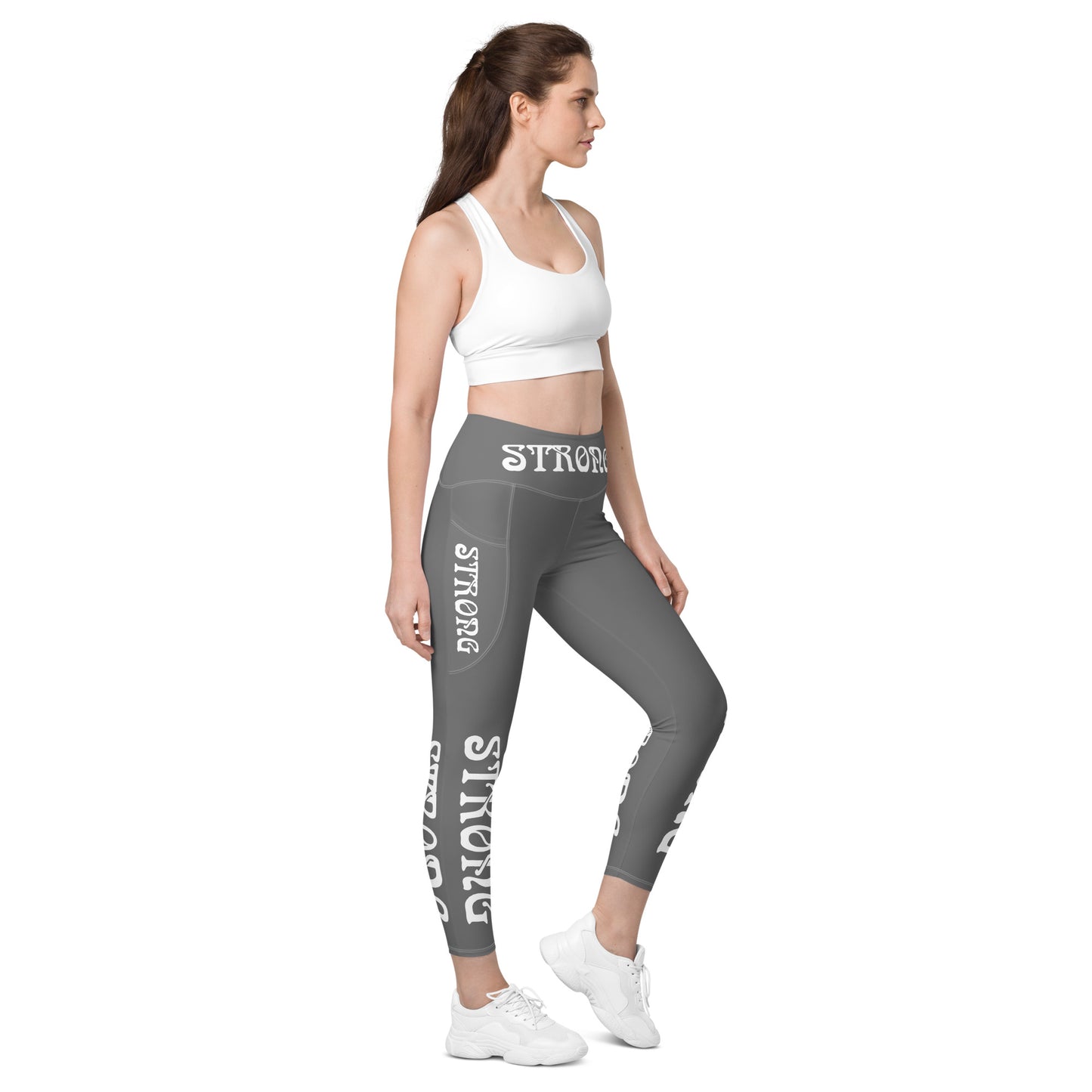 “STRONG” Grey Leggings W/ Pockets & White Font