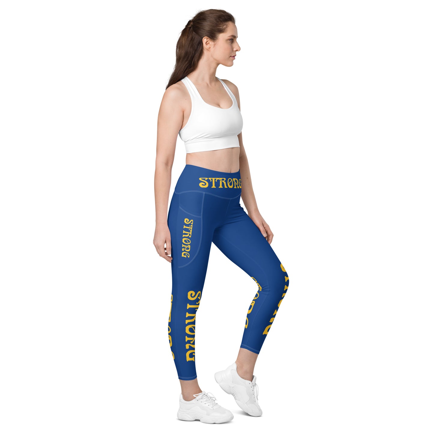 “STRONG” Blue Leggings W/Pockets & Yellow Font