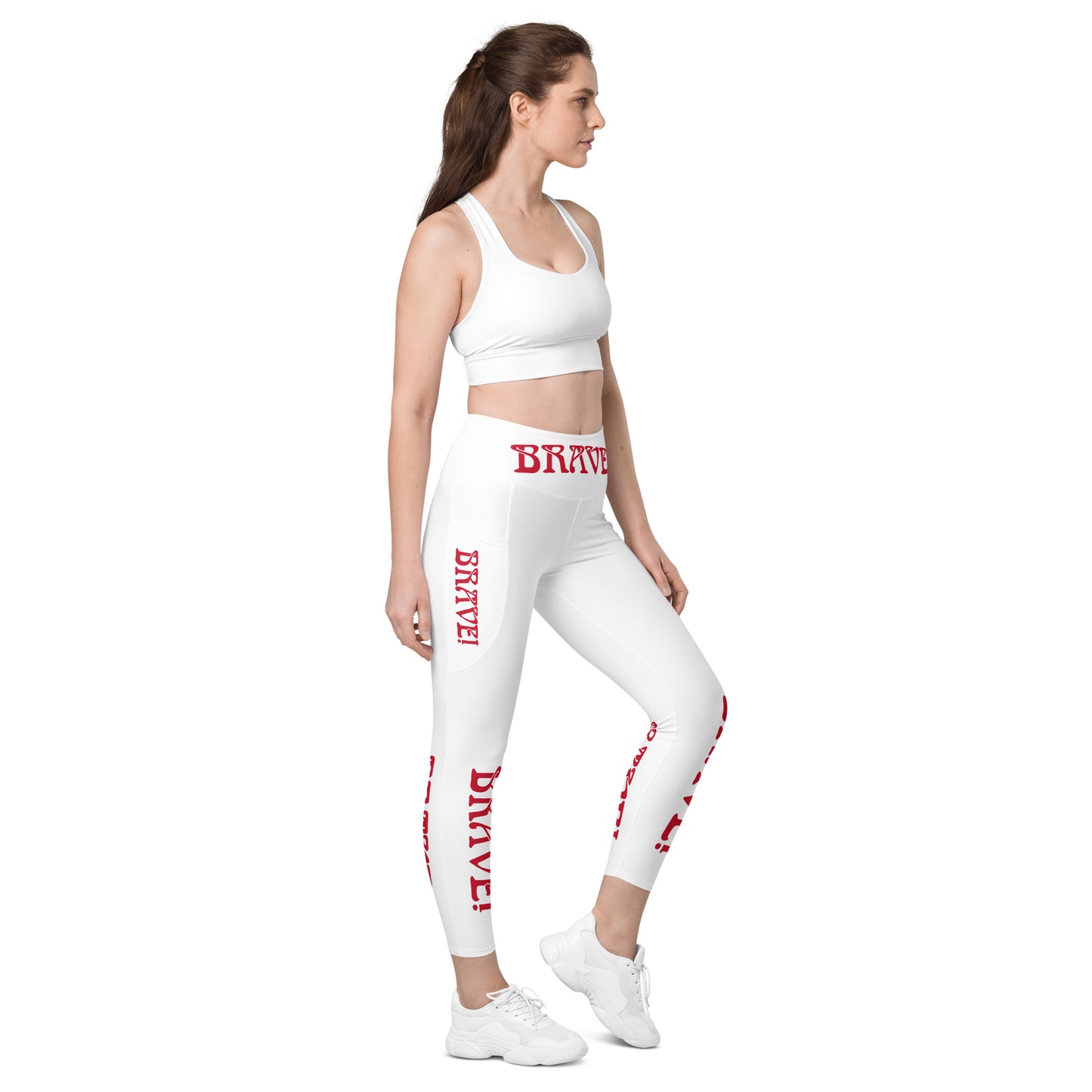“BRAVE!” White Leggings W/Pockets & Red Font
