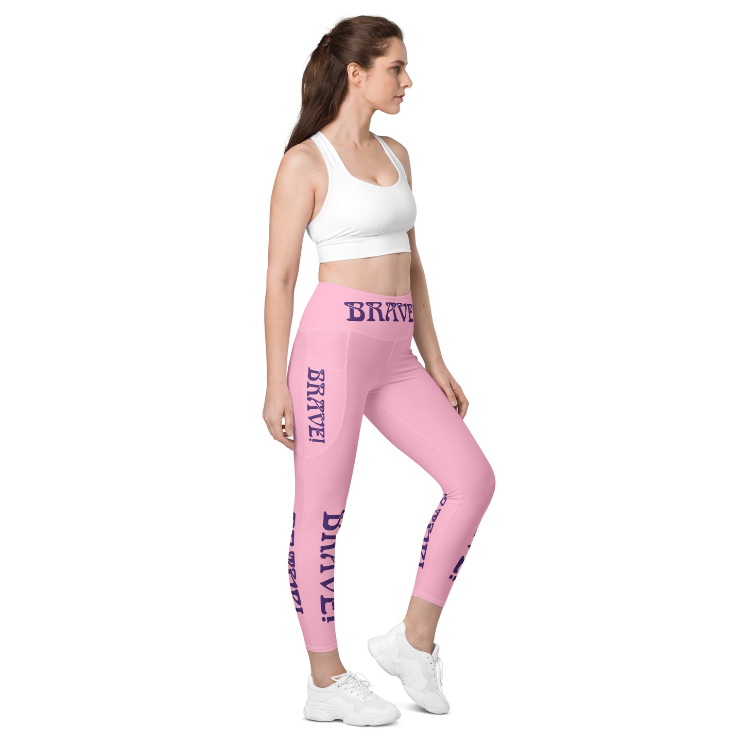 “ BRAVE!” Cotton Candy Leggings W/Pockets & Purple Font