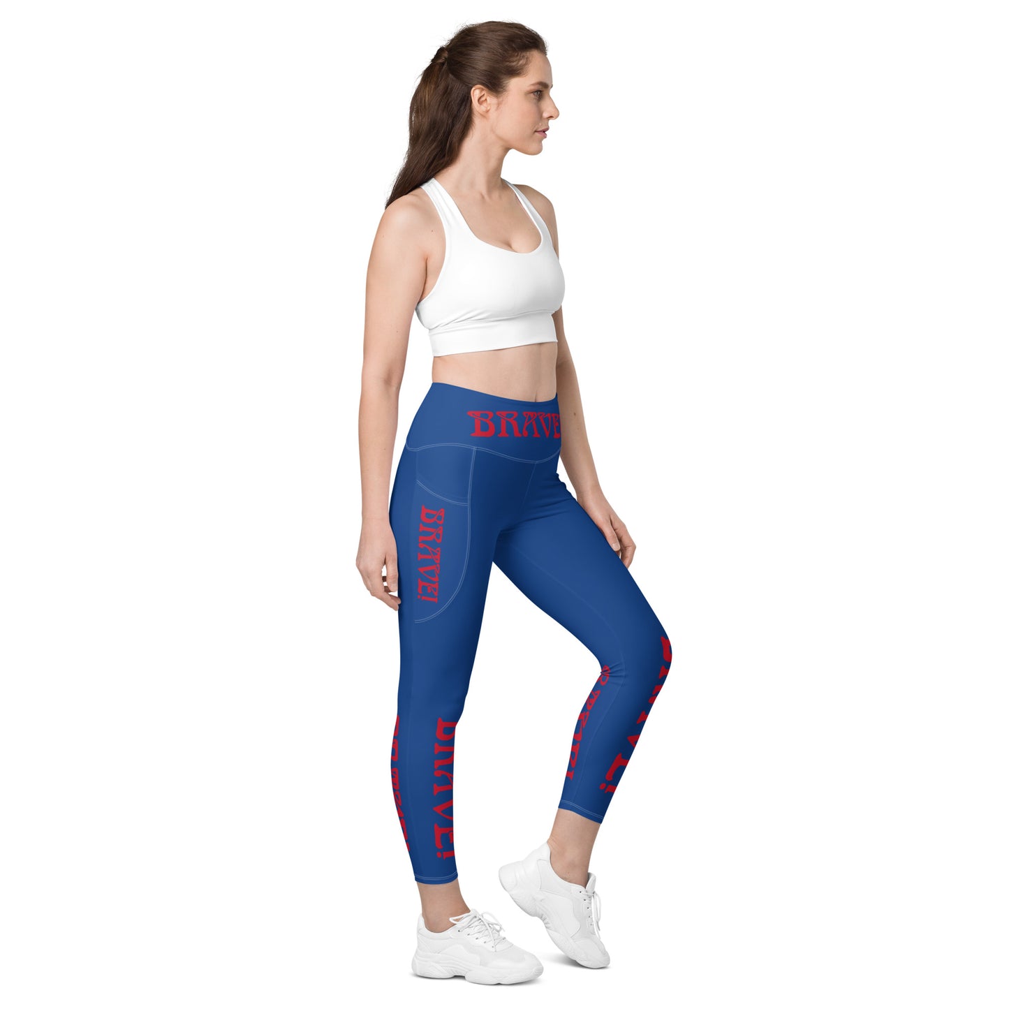 “BRAVE!” Blue Leggings W/Pockets & Red Font