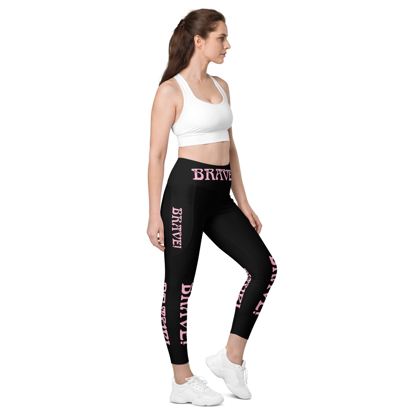 “BRAVE!” Black Leggings W/Pockets & Cotton Candy Font