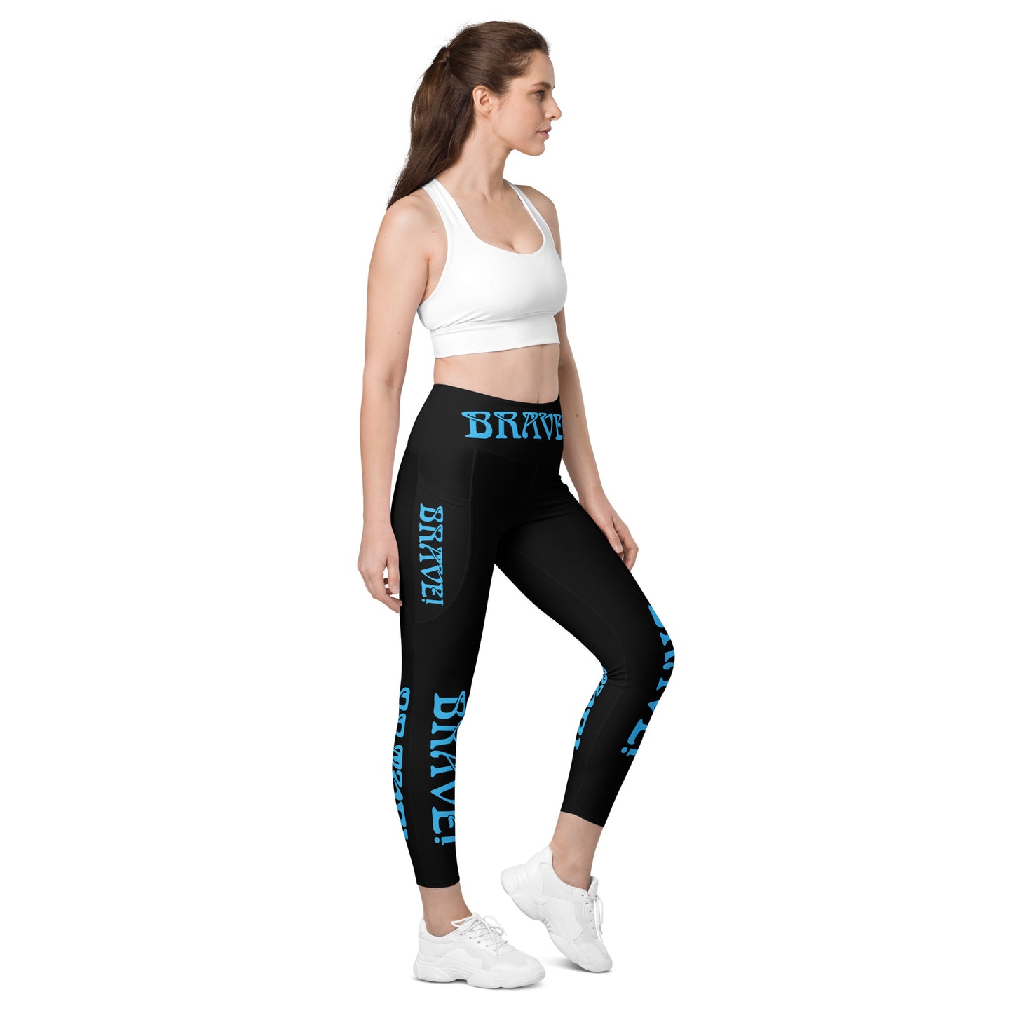 “BRAVE!” Black Leggings W/Pockets & SkyBlue Font