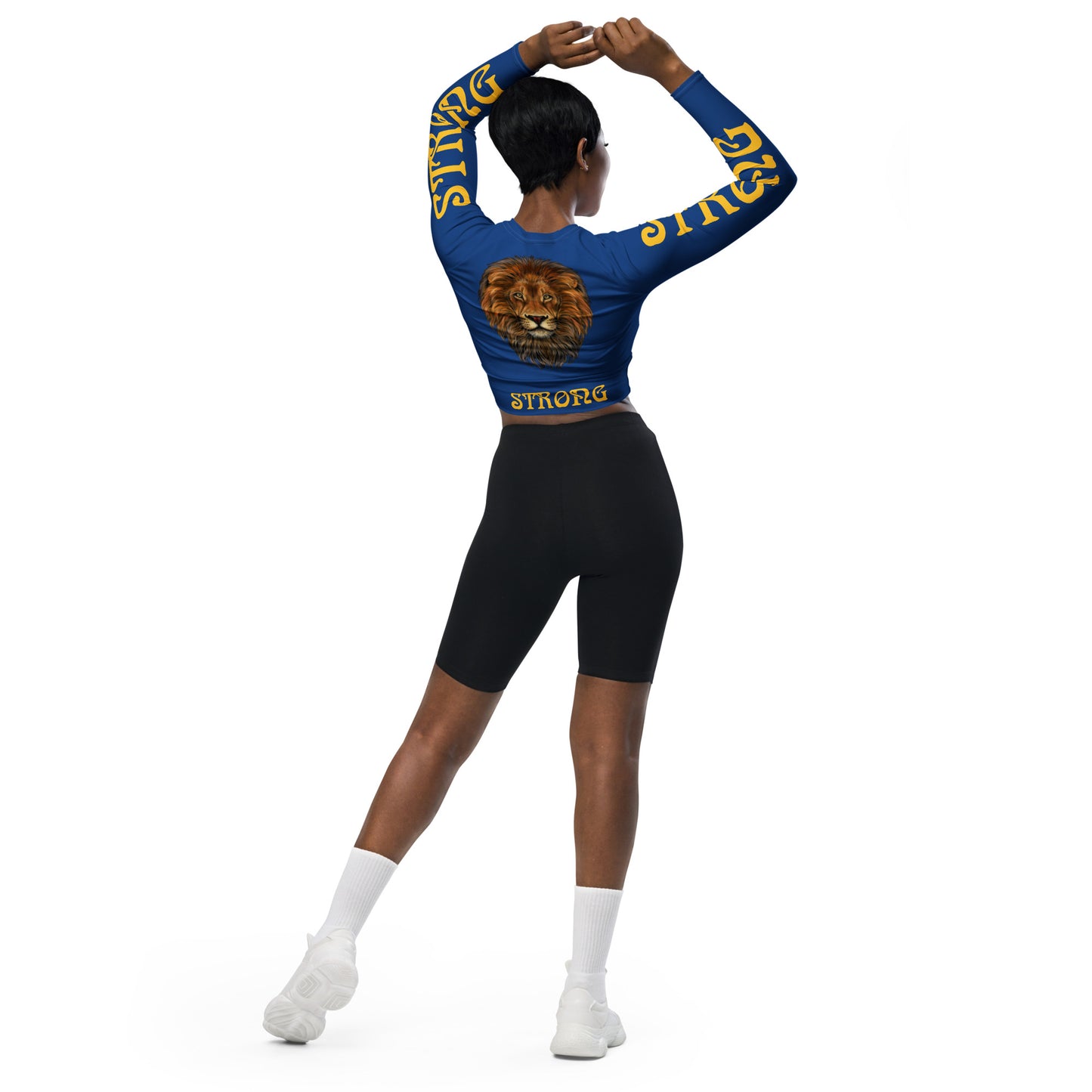 “STRONG” Blue Long-Sleeve Crop Top W/Yellow Font