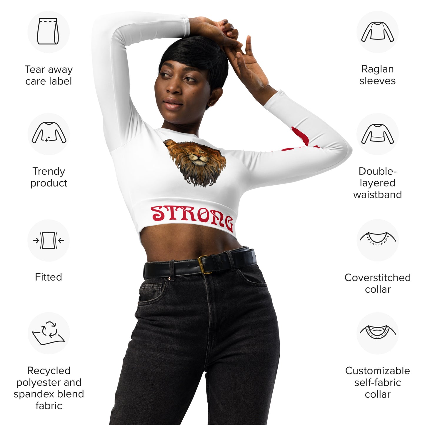“STRONG” White Long-Sleeve Crop Top W/Red Font