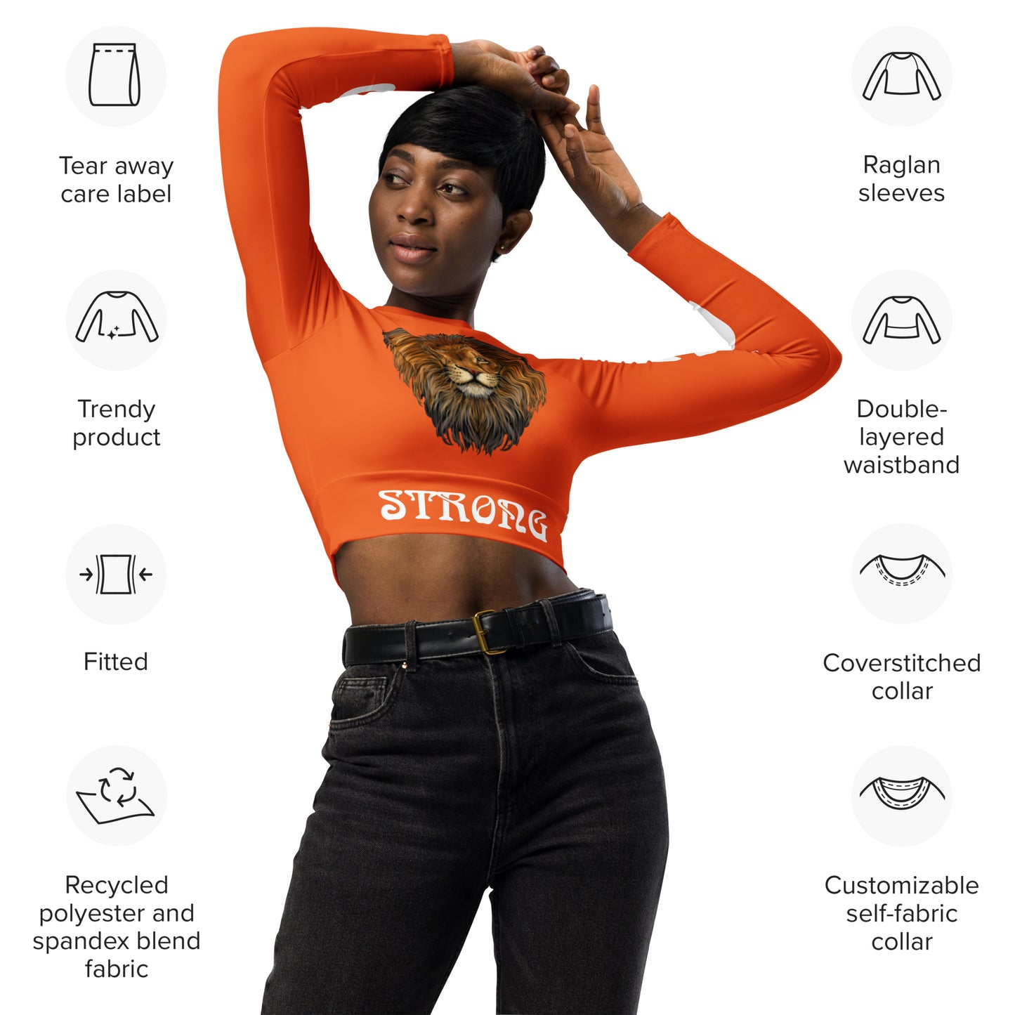 “STRONG” Orange Long-Sleeve Crop Top W/White Font