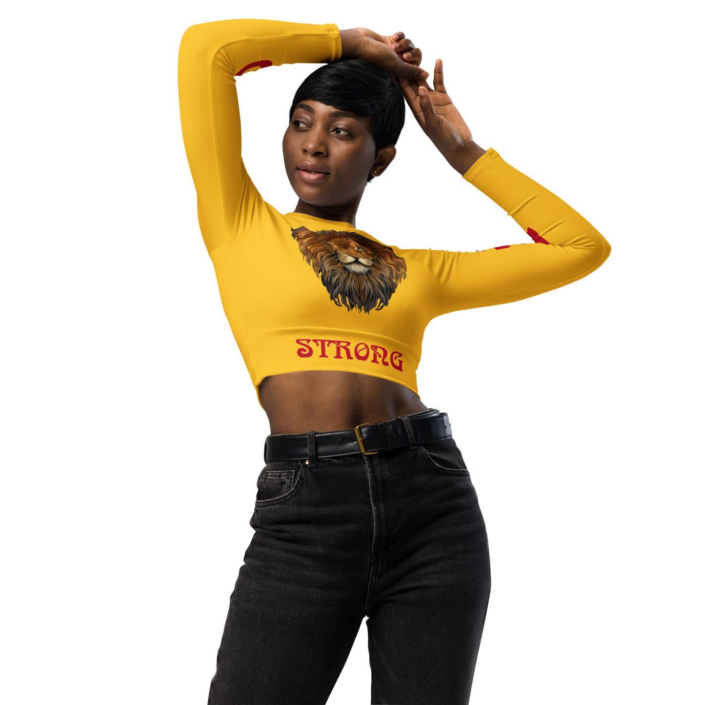 “STRONG” Yellow Long-Sleeve Crop Top W/Red Font