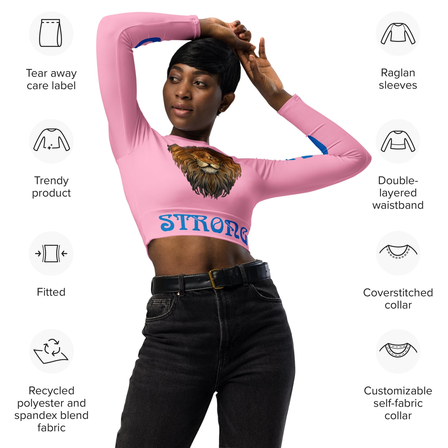 “STRONG” Cotton Candy Long-Sleeve Crop Top W/Blue Font
